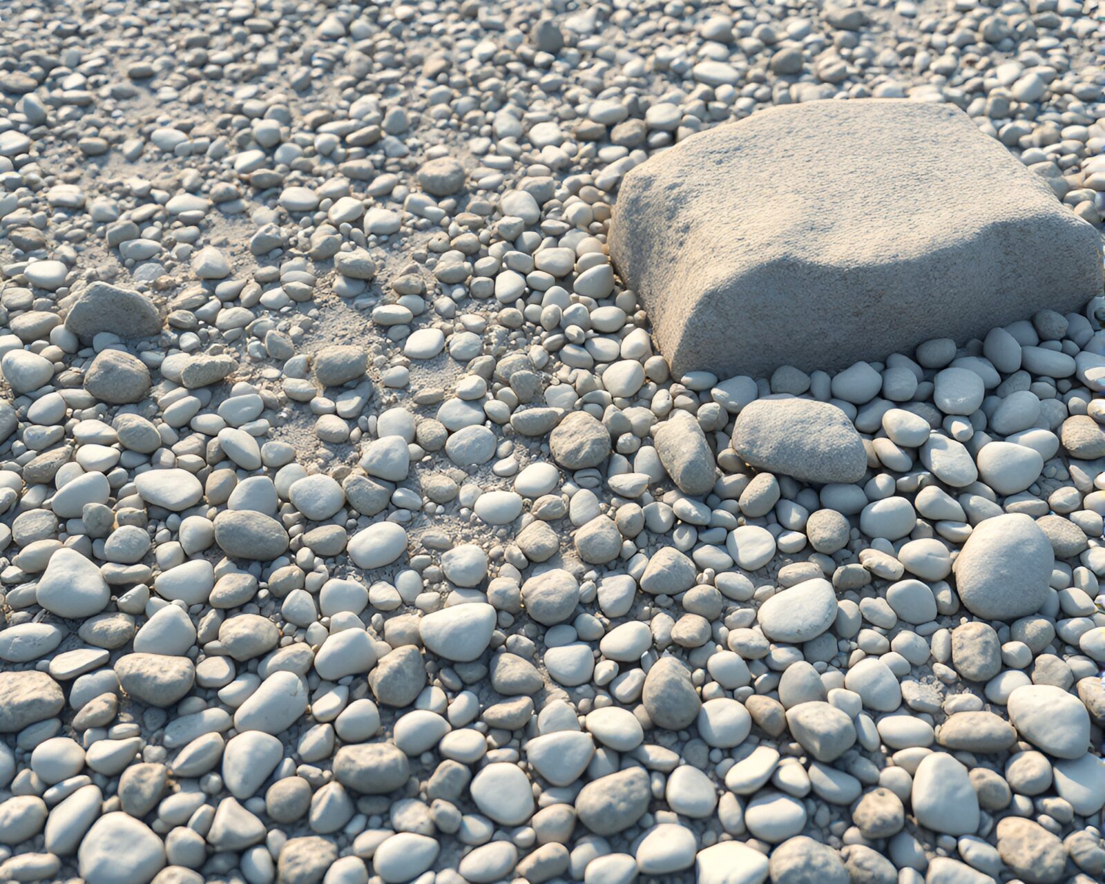 A serene pebble beach rendered in high-poly 3D.