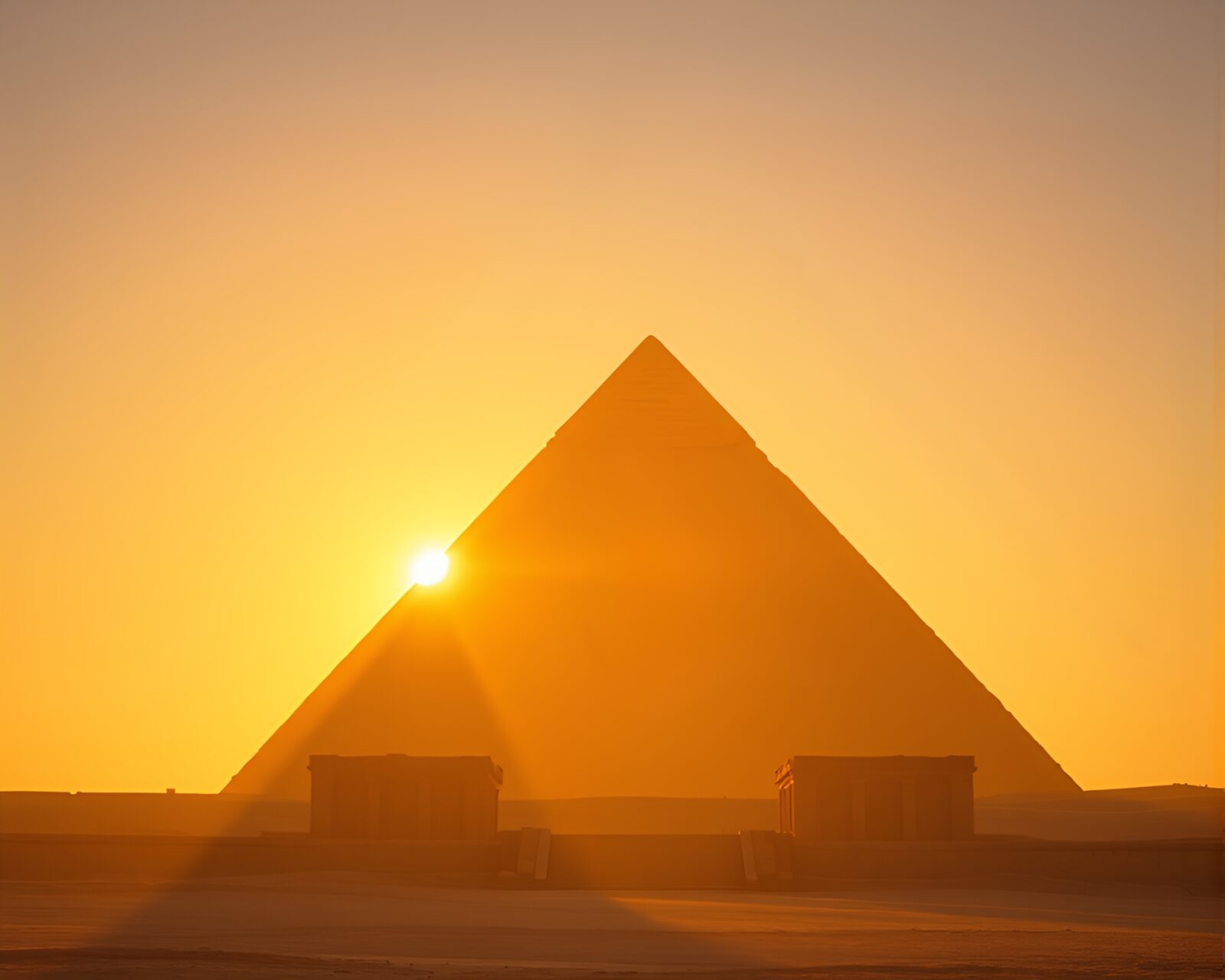 Line art of a pyramid framed by architectural structure in morning light