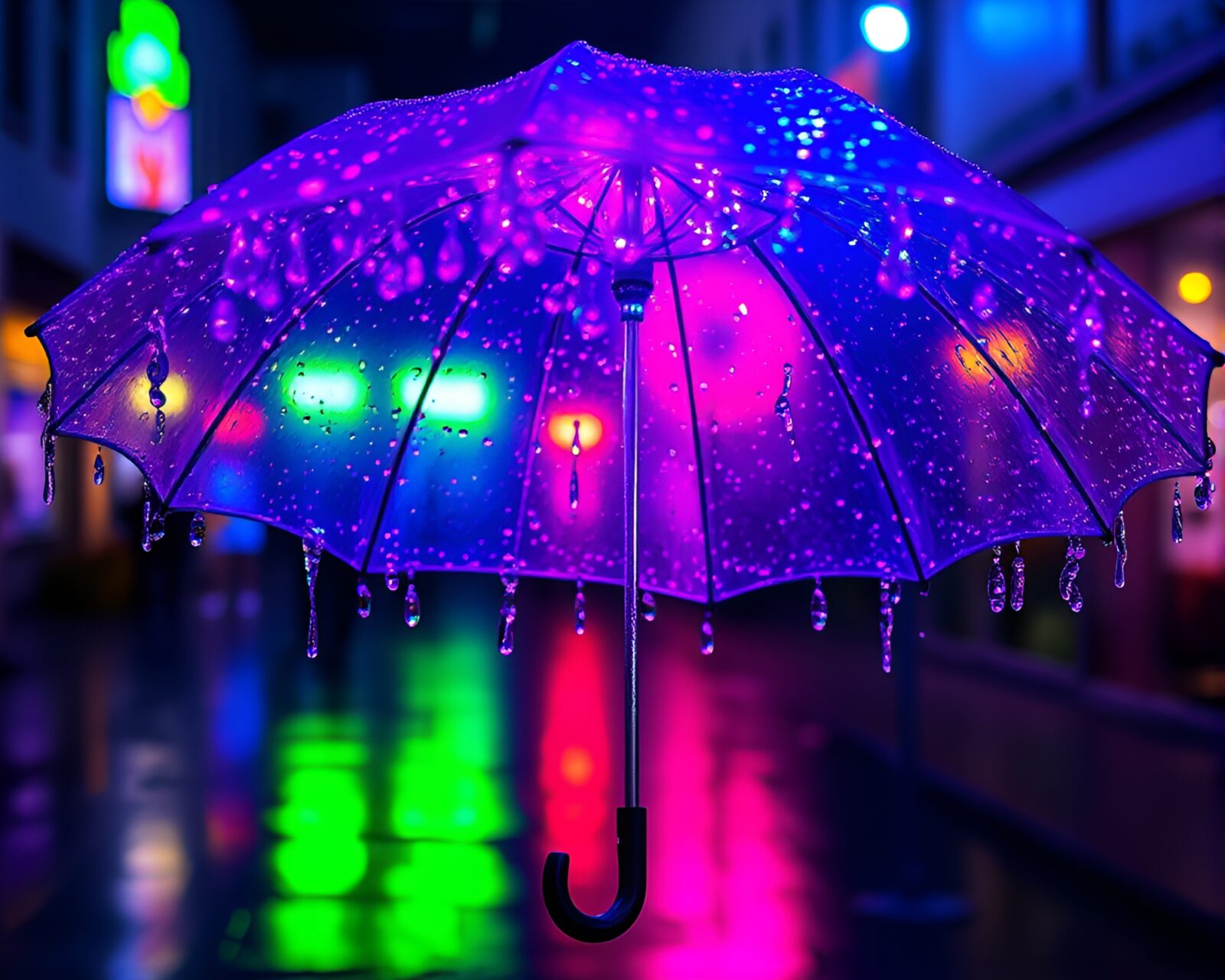 Vibrant umbrella under neon lights through glass beads