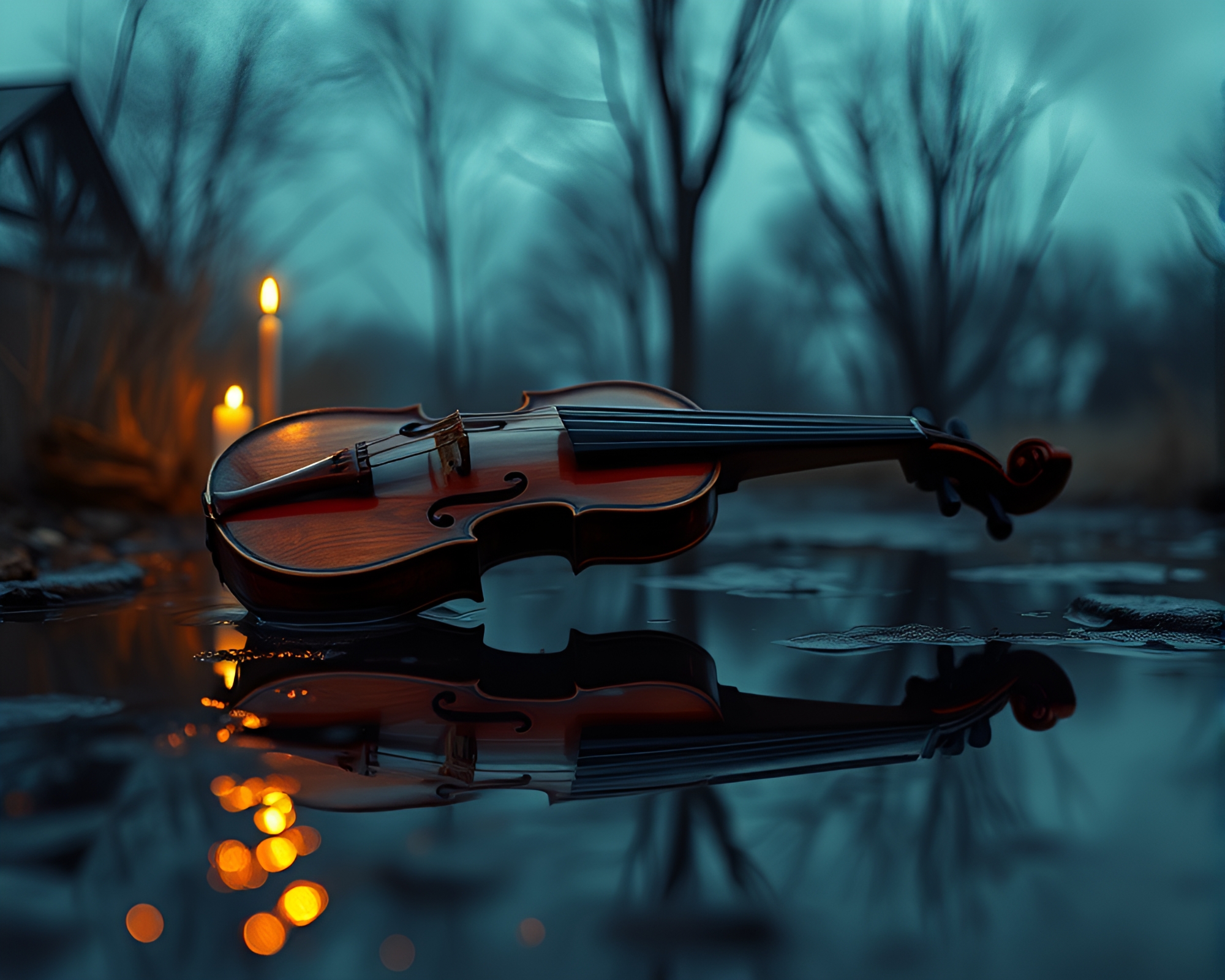 Violin Reflection in Puddle Under Candlelight – free AI stock image