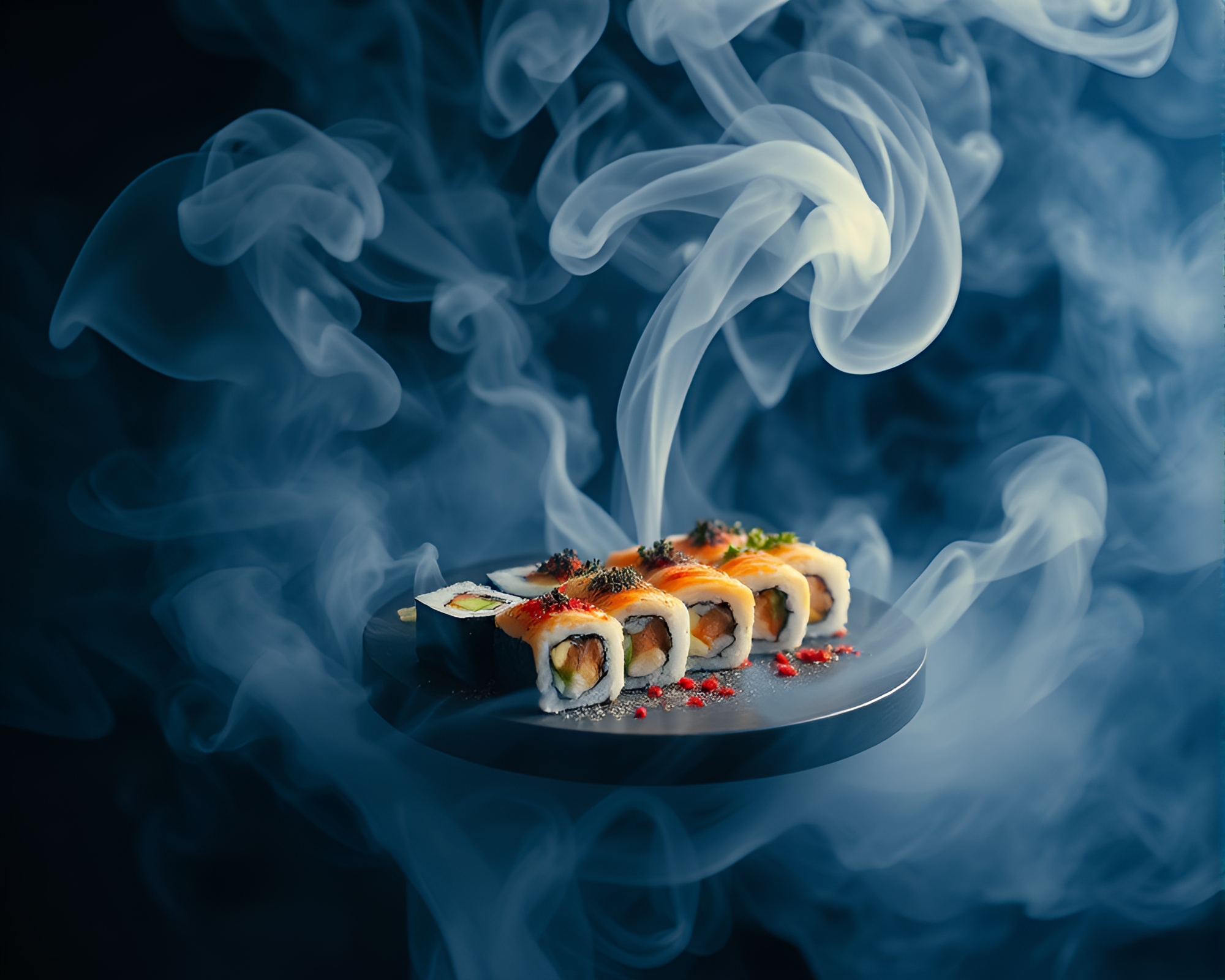 Smoke swirls over mysterious sushi platter in Polaroid – free AI stock image