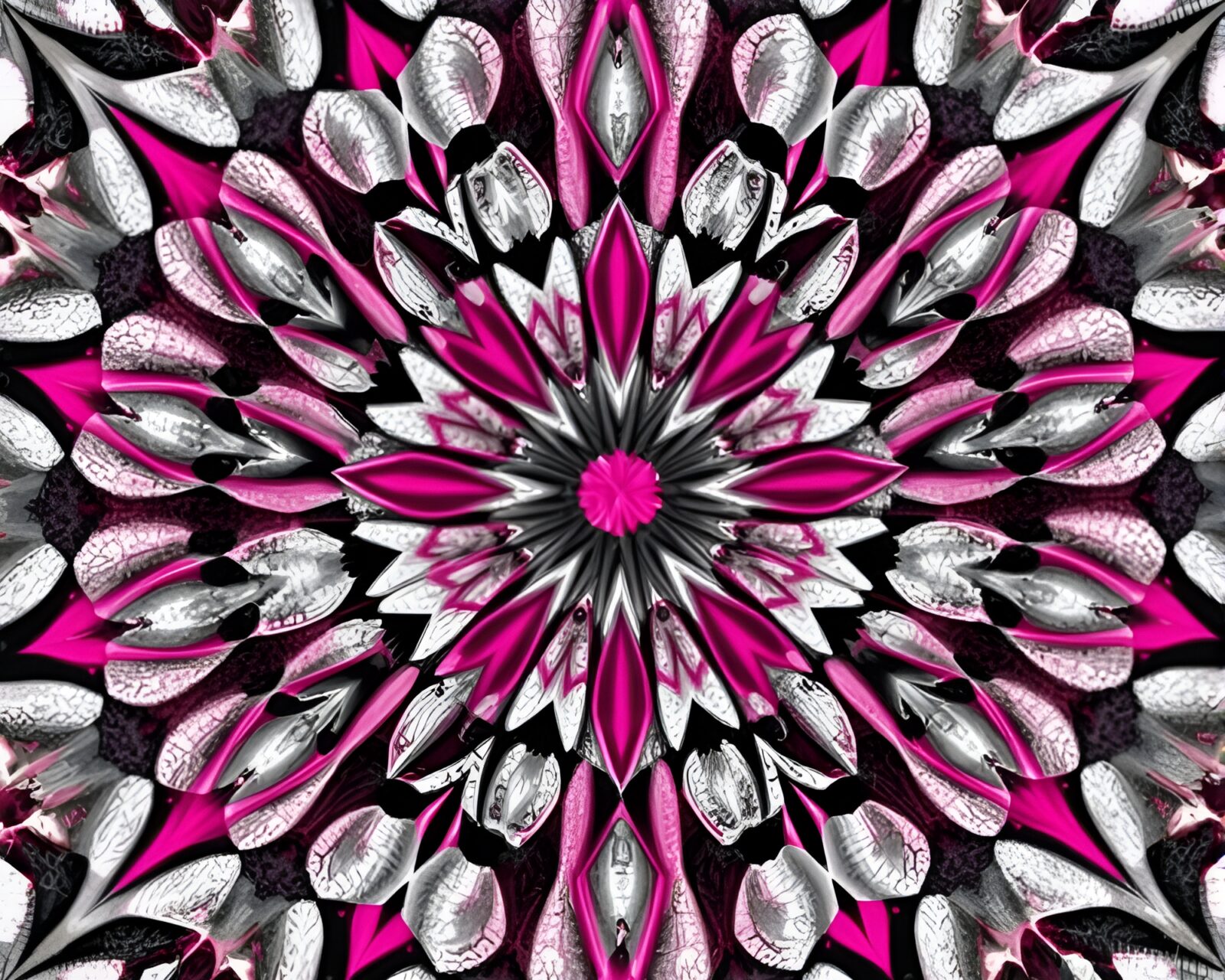 Radially symmetrical abstract art in magenta and grey hues