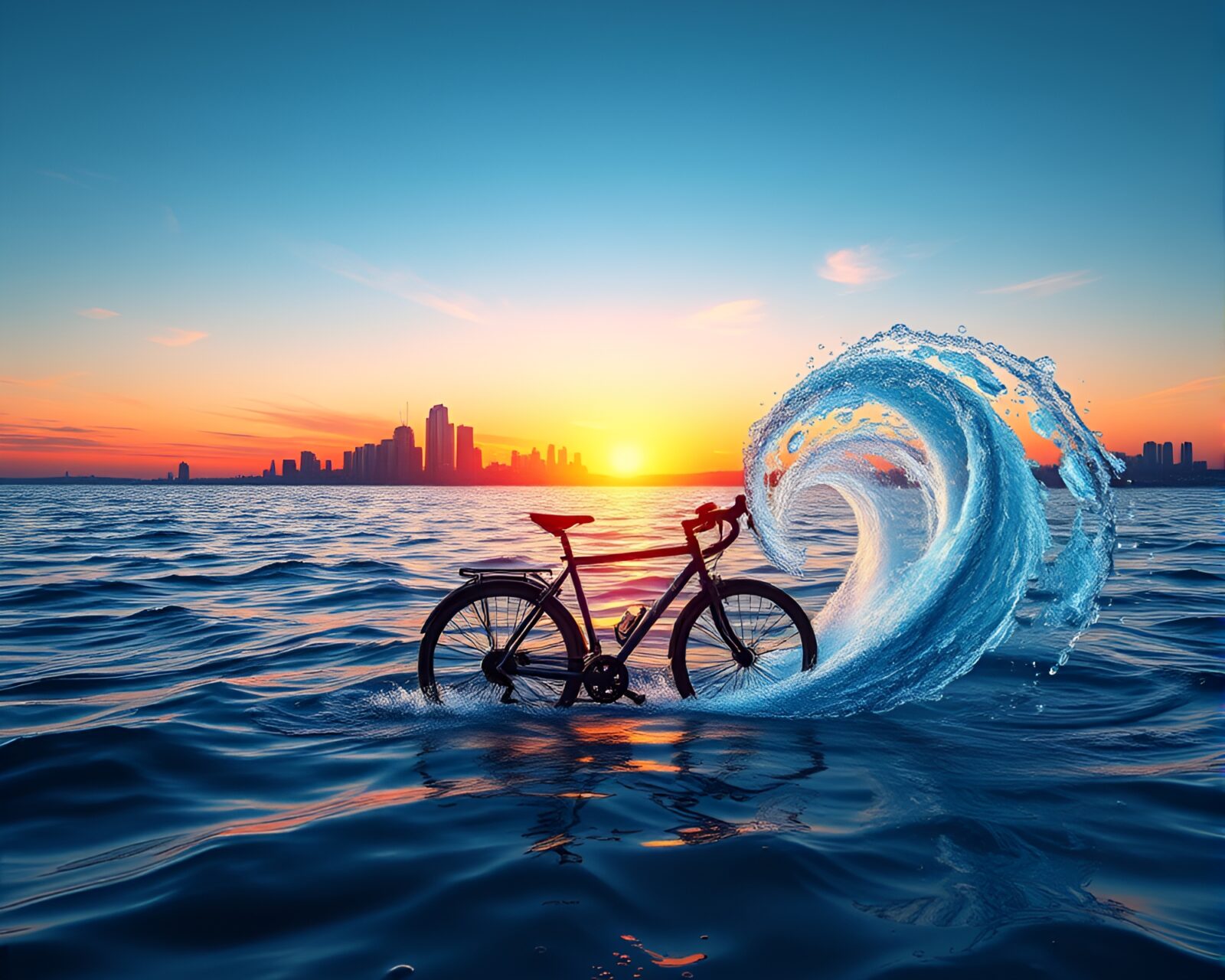 Majestic 3D whirlpool bicycle silhouette against sunset skyline