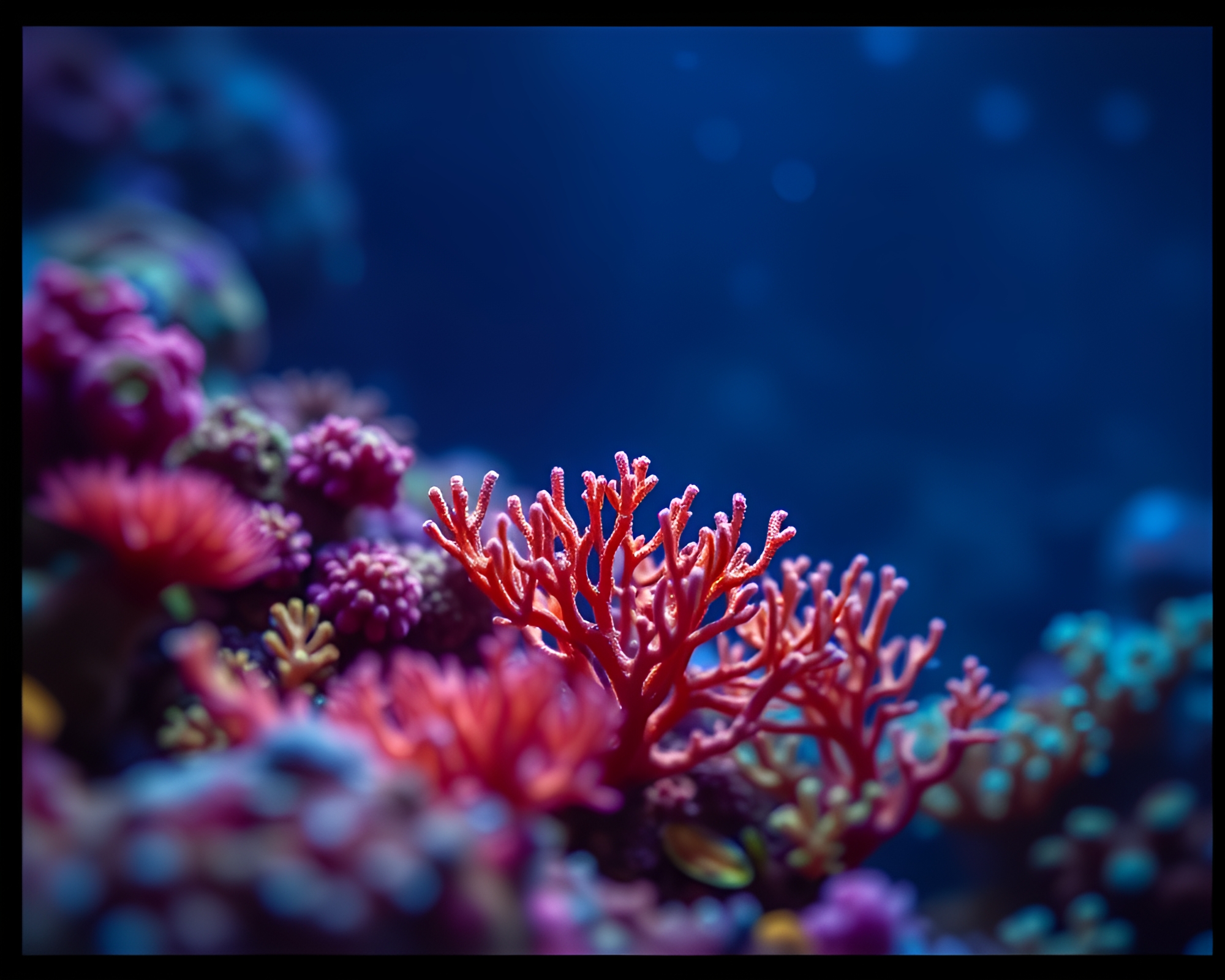 Glowing Coral Reef in Soft Film Strip Border – free AI stock image