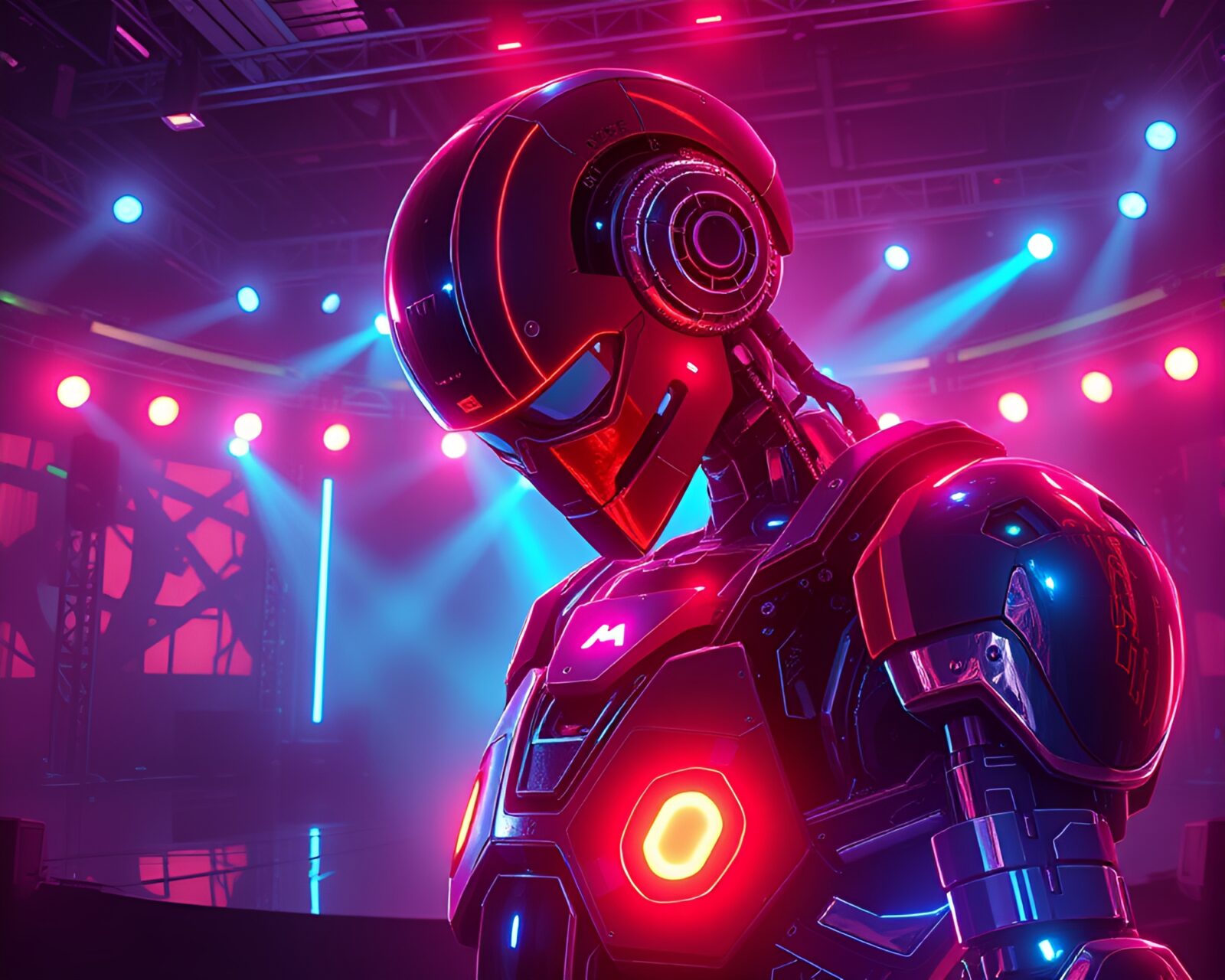 Cyberpunk illustration of robot amid neon reflections on stage