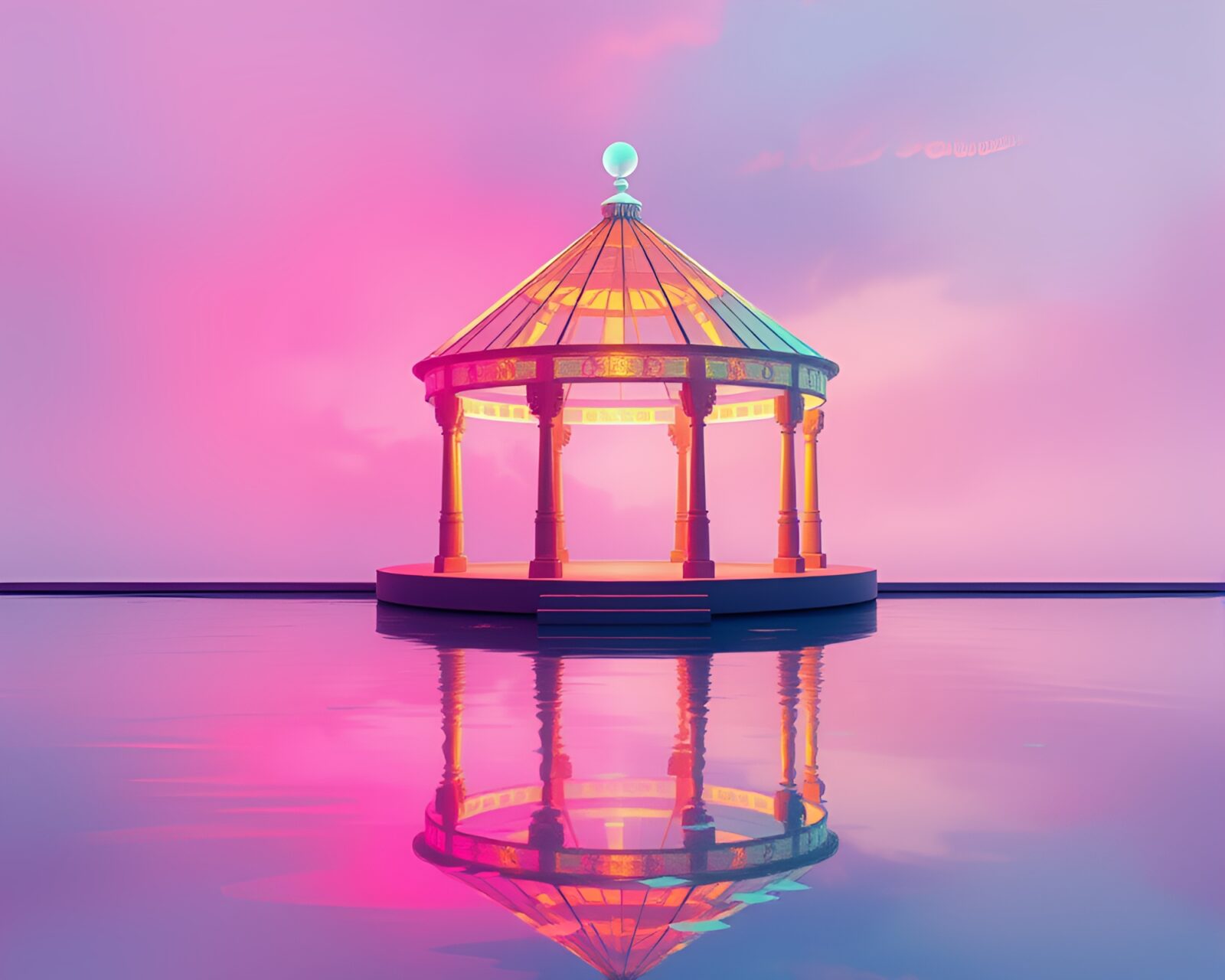 A dreamy floating structure reflects rainbow hues under soft graffiti light