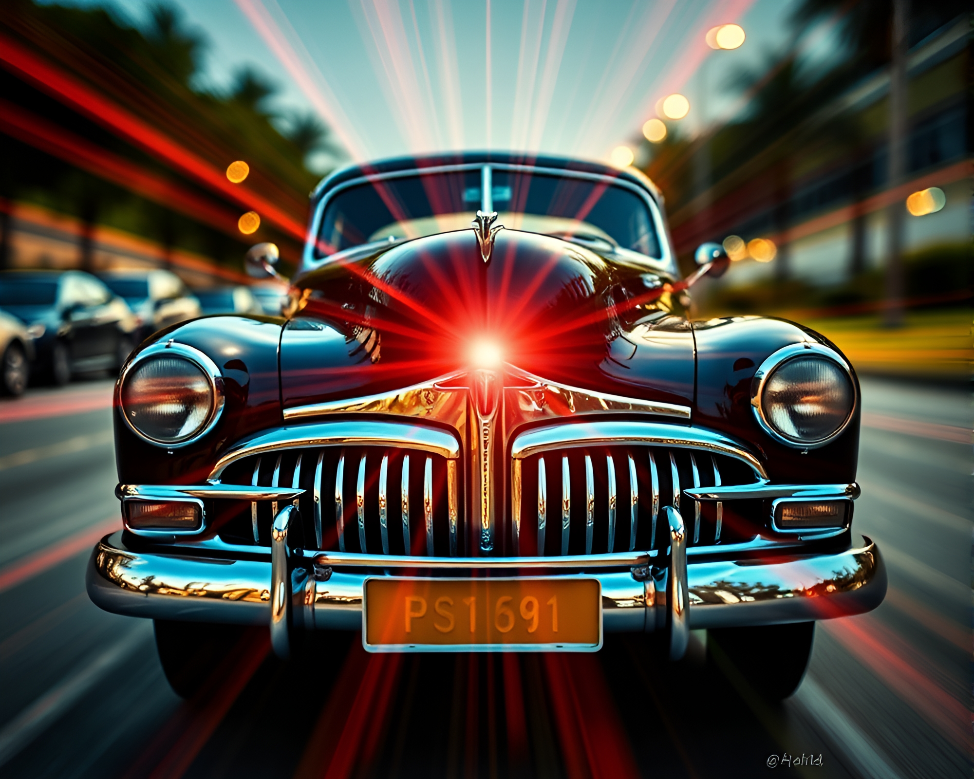 Vintage Cubist Car in Starburst Lights – free AI stock image