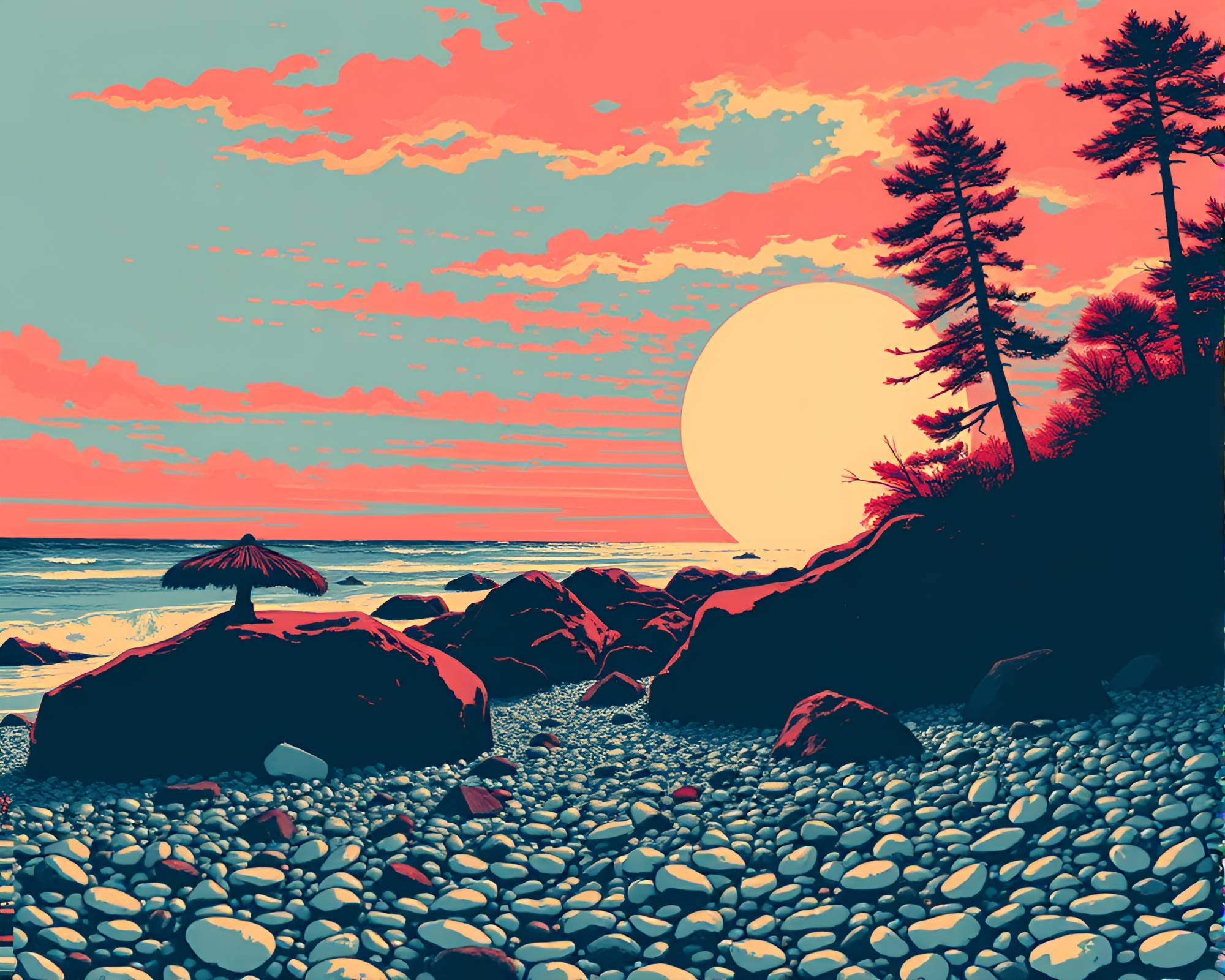 Retro Pixel Pebble Beach Woodblock Print – free AI stock image