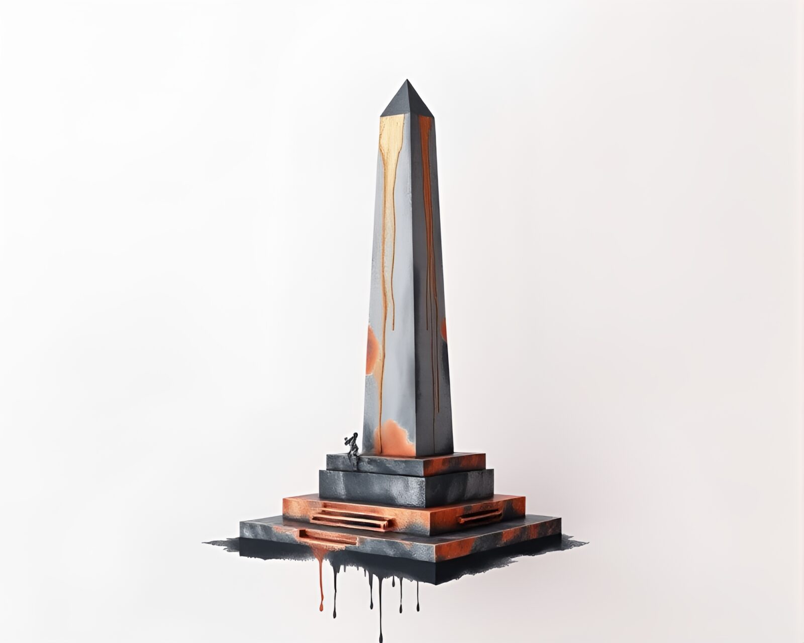 3D rendered obelisk with rose gold ink wash drips