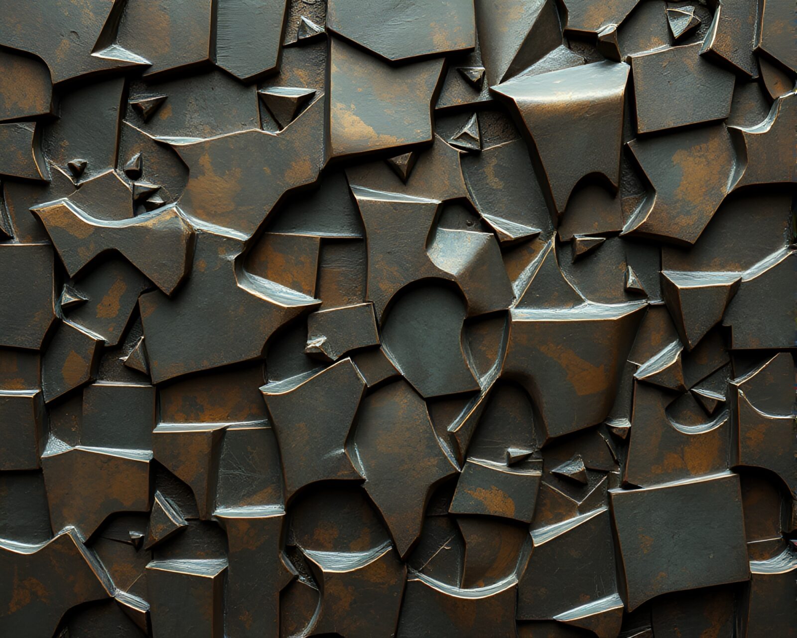 Surreal underexposed labyrinth of tessellating shapes in patina bronze.