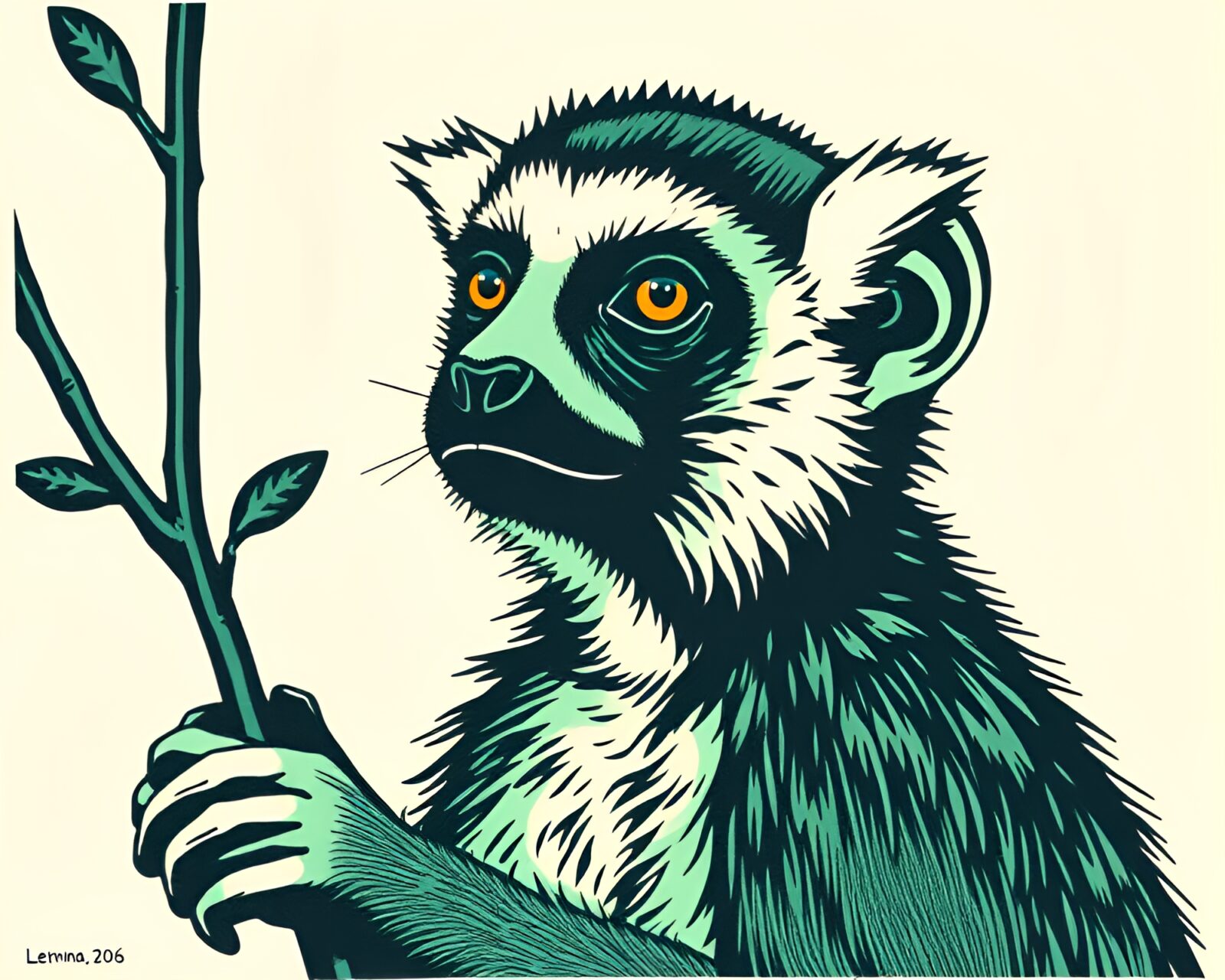 Unique linocut print of a vibrant lemur in mint green tones