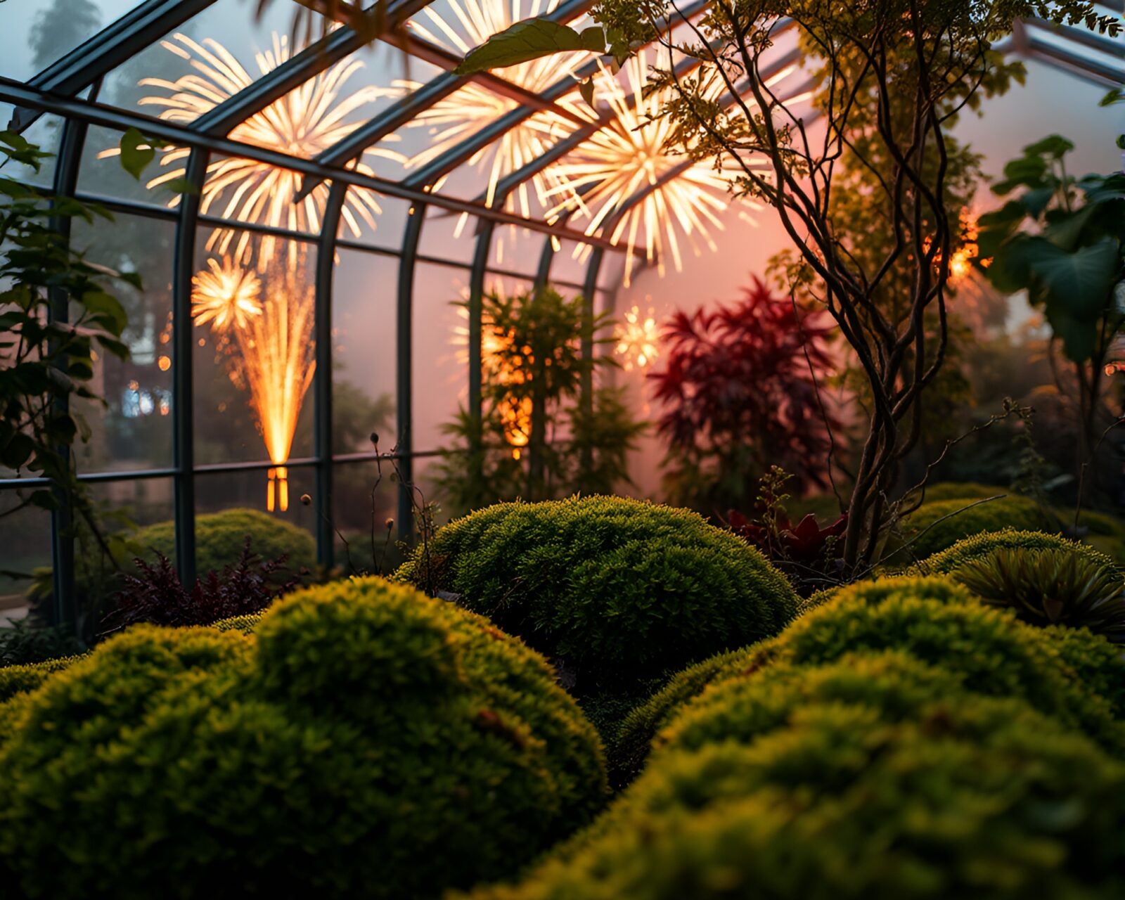 Glass greenhouse filled with moss, illuminated by festival fireworks