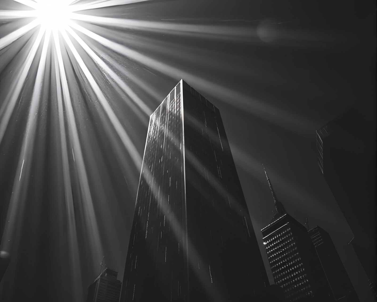 Black and white cityscape with chalk art skyscraper and sun rays