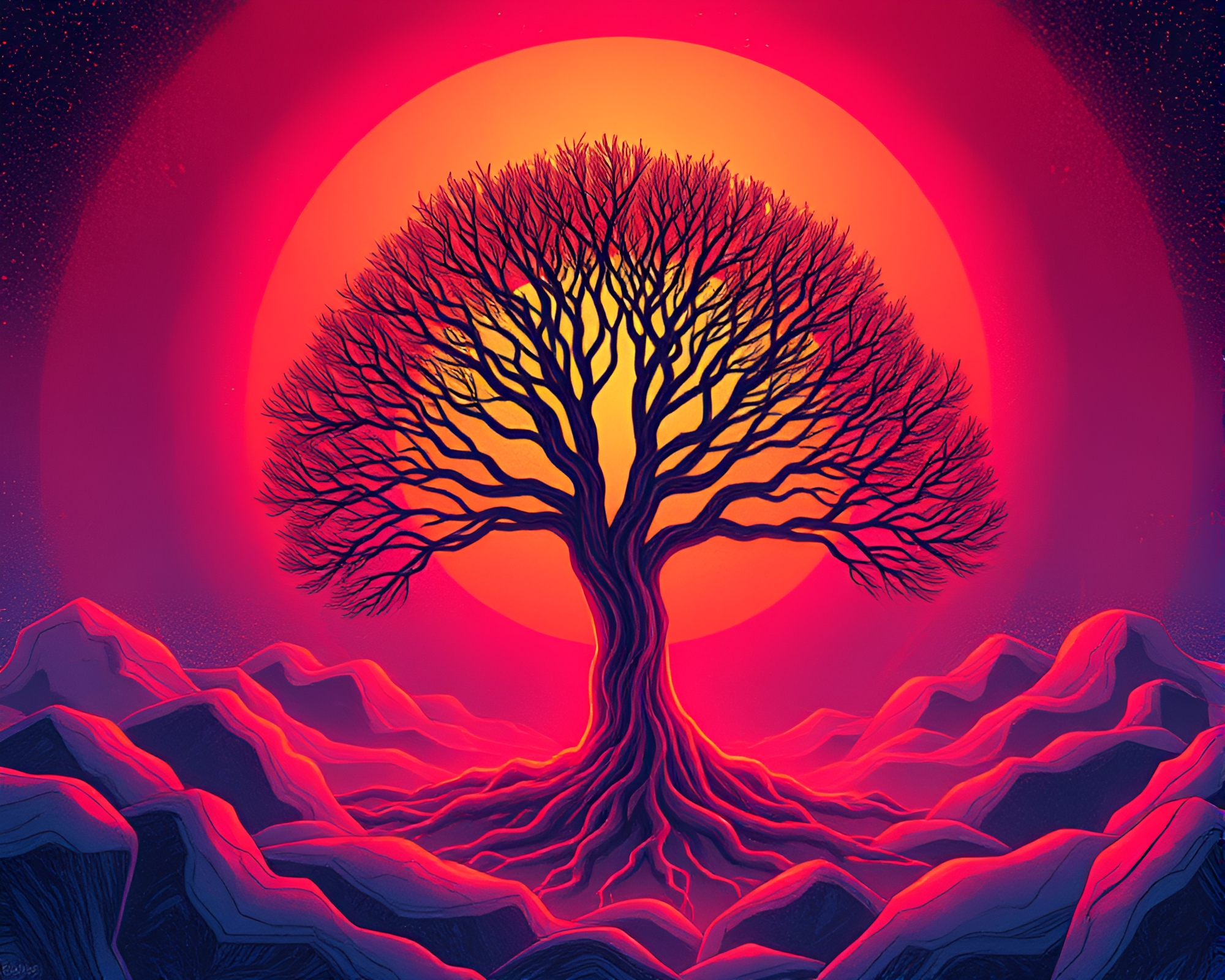 Volcano Red Glow Through Synthwave Tree Rings – free AI stock image