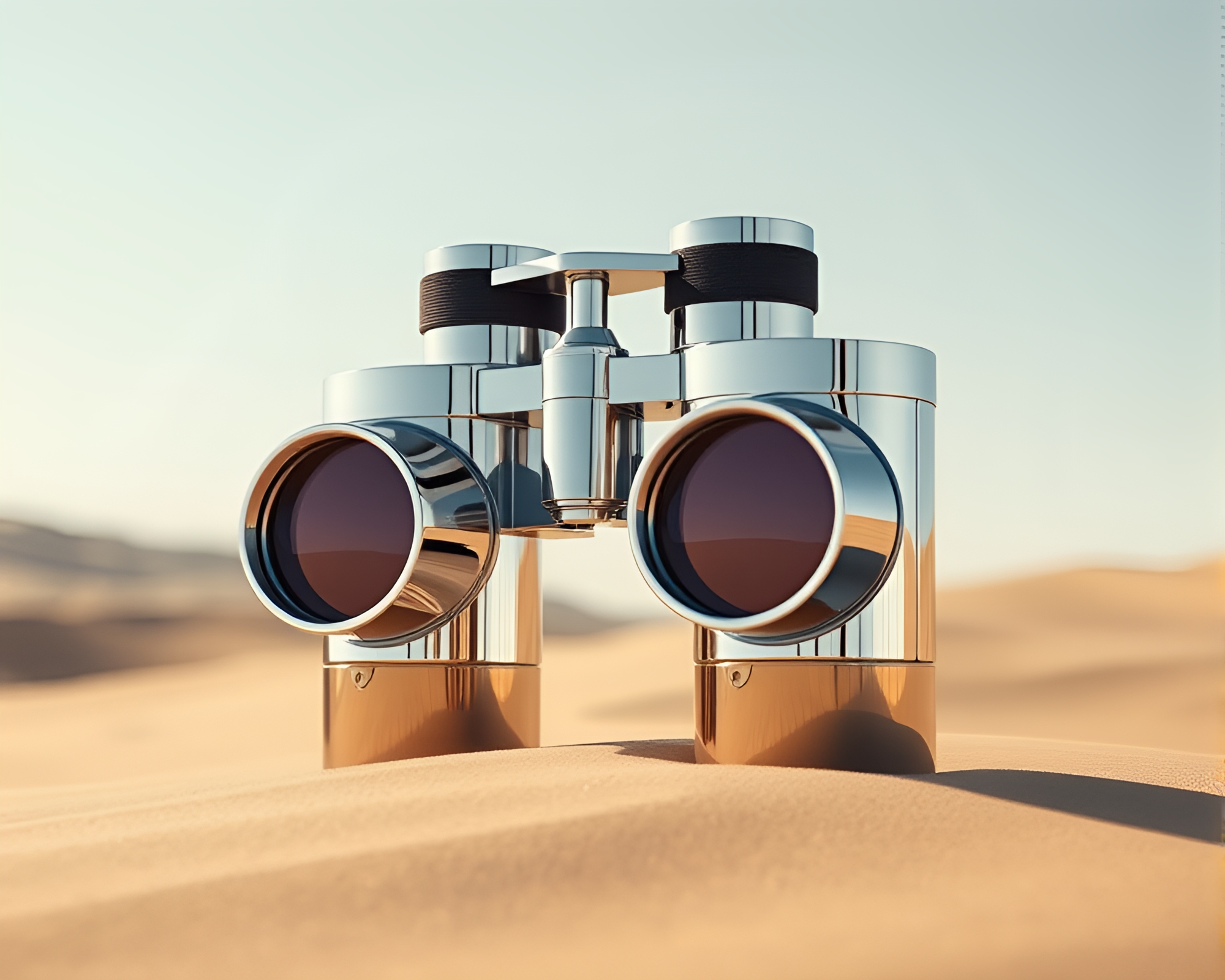 Minimalist Binoculars Reflecting Chrome in Desert Hues – free AI stock image
