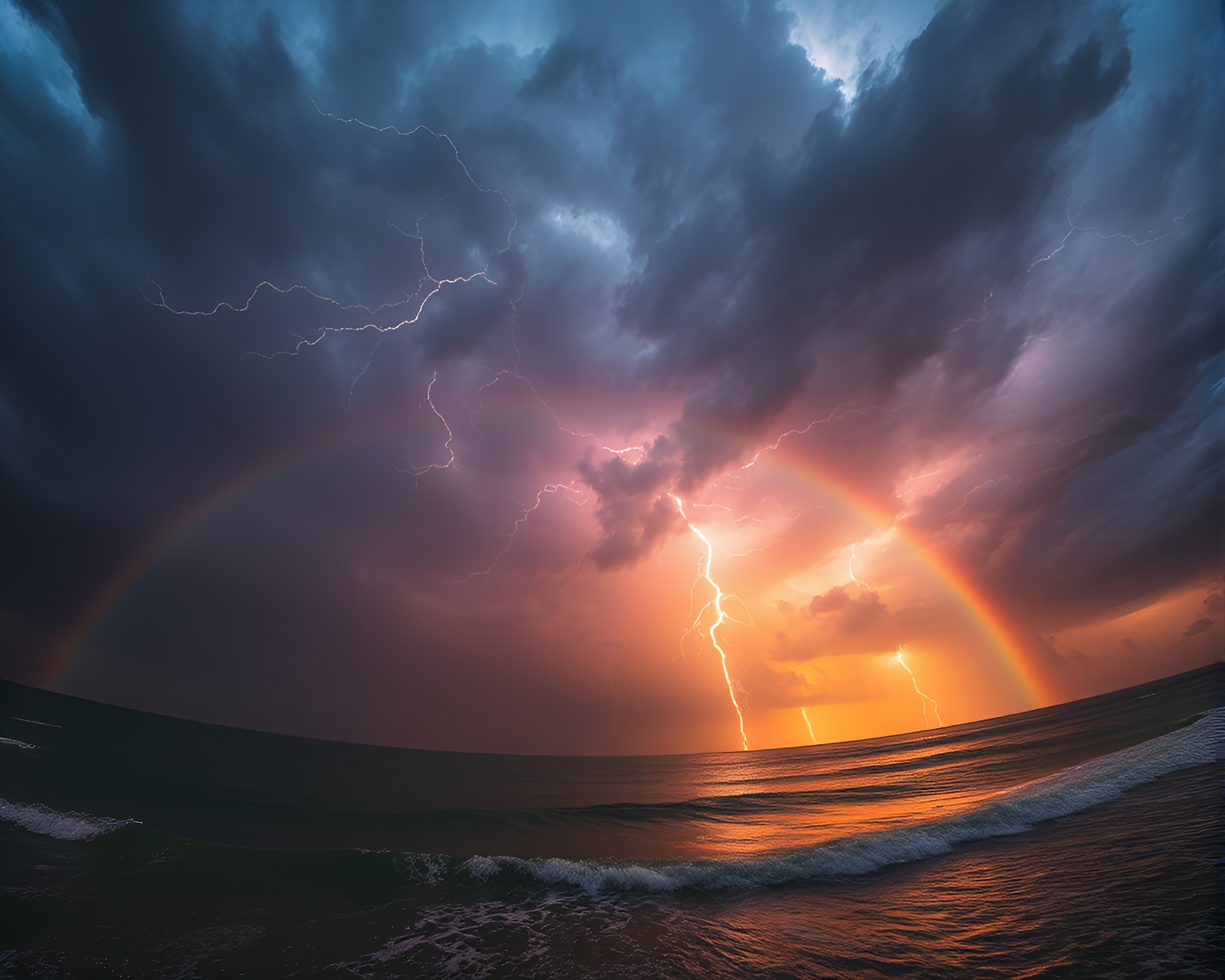 Thunderstorm Cosmic Rainbow Over Ocean Wide Angle – free AI stock image