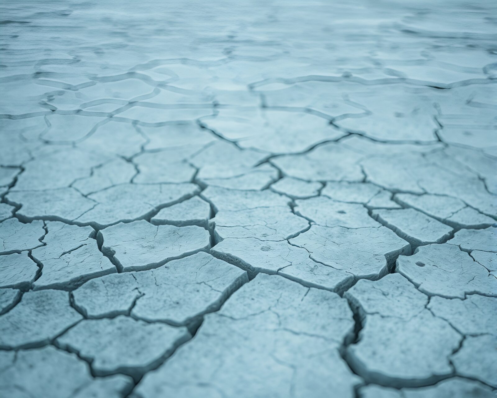 A sea plane flying over a frozen, cracked landscape