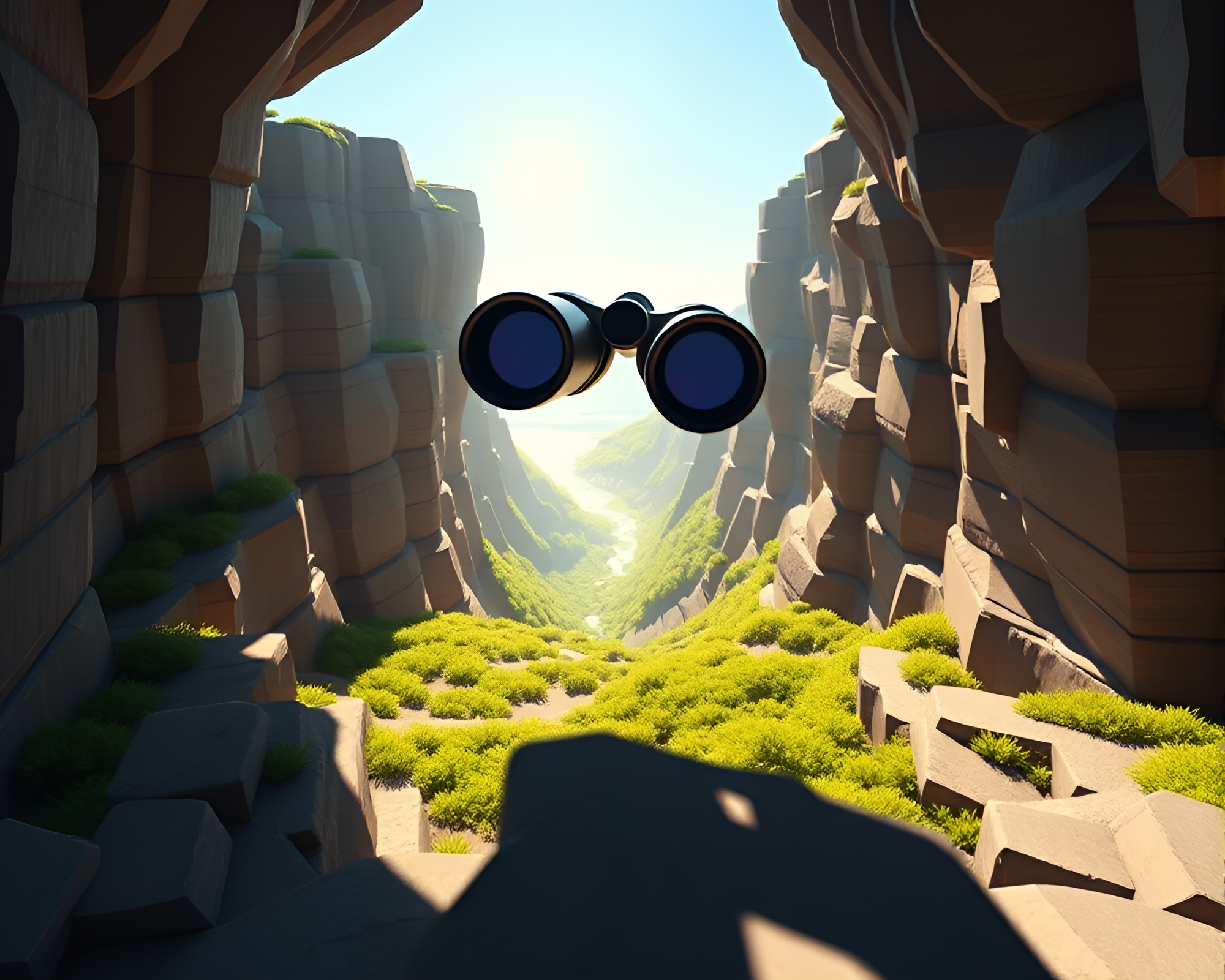 Cliffside Binoculars: Vortex Twist Voxel Art – free AI stock image