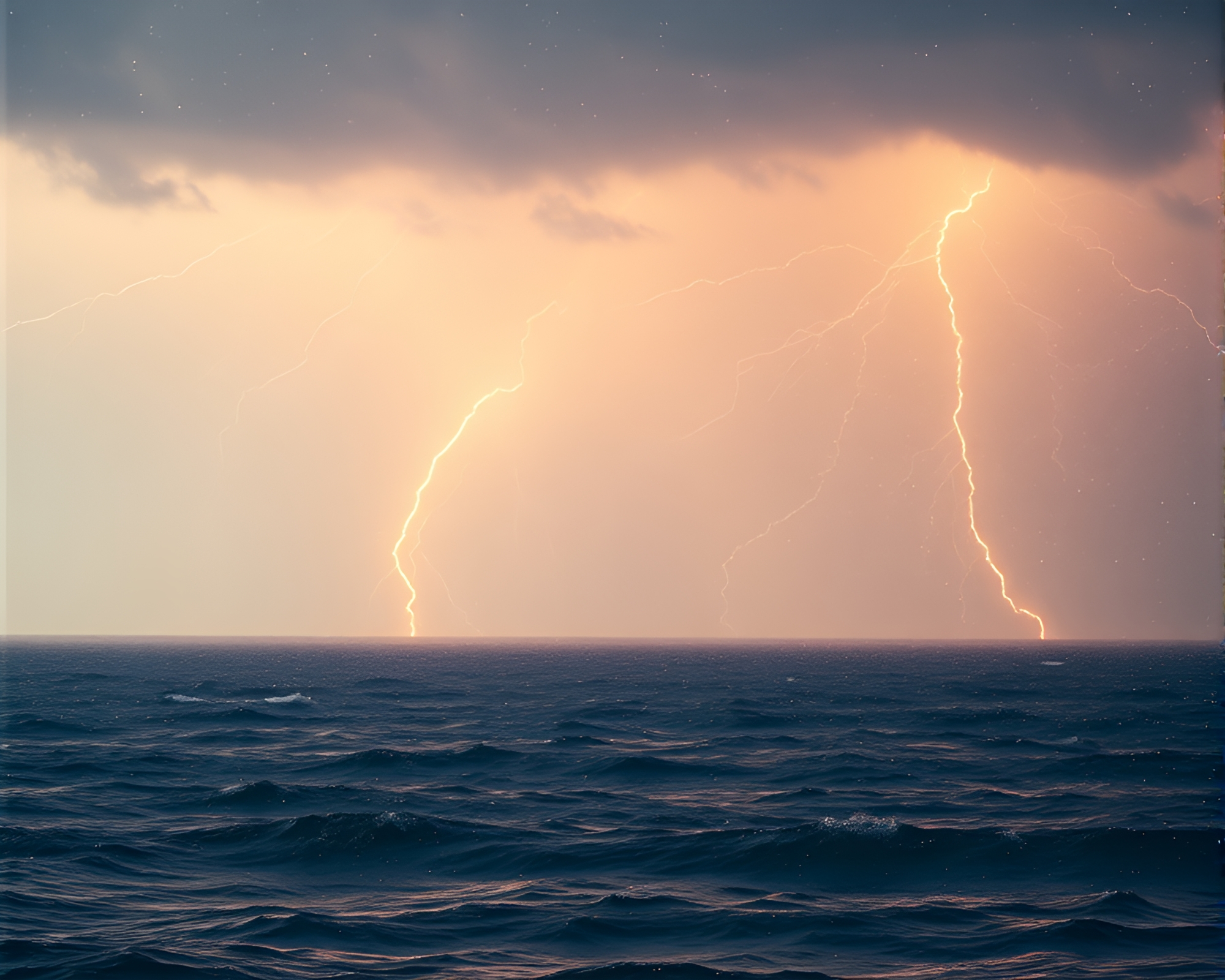 Ethereal Thunderstorm Over Ocean with Floating Particles – free AI stock image