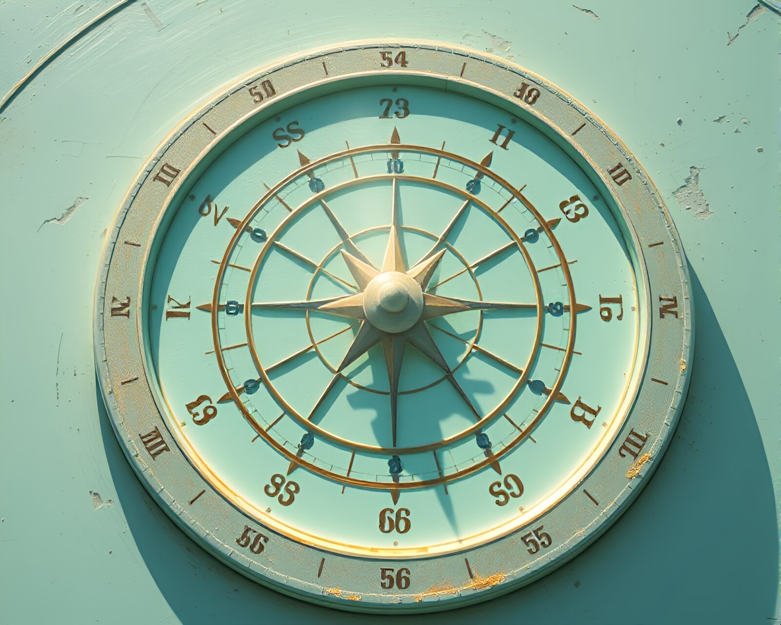 Illustration of a pocket sundial bathed in soft mint green sunlight in a matte painting style
