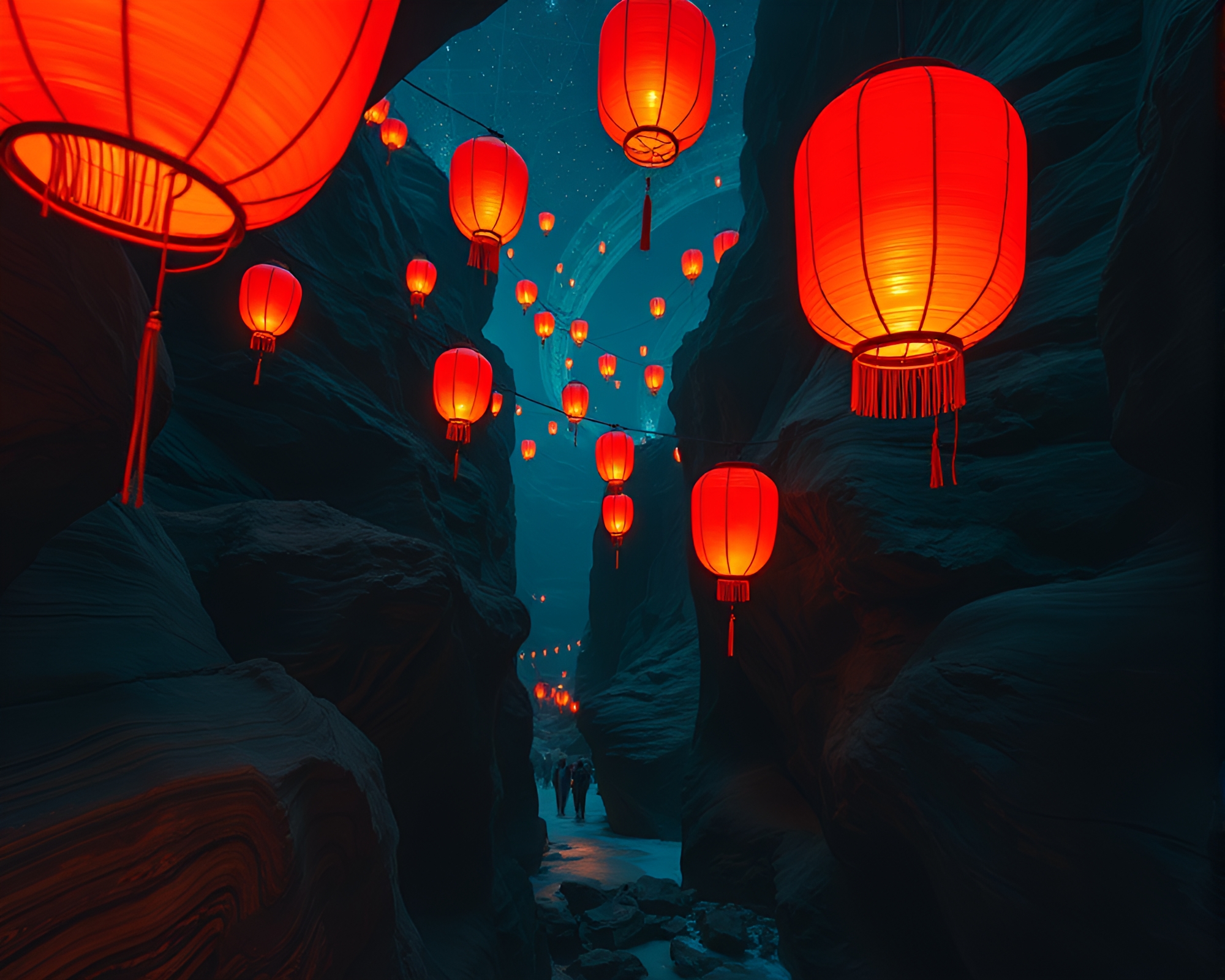 Canyon Lanterns: Digital Noise Long Exposure Photography – free AI stock image