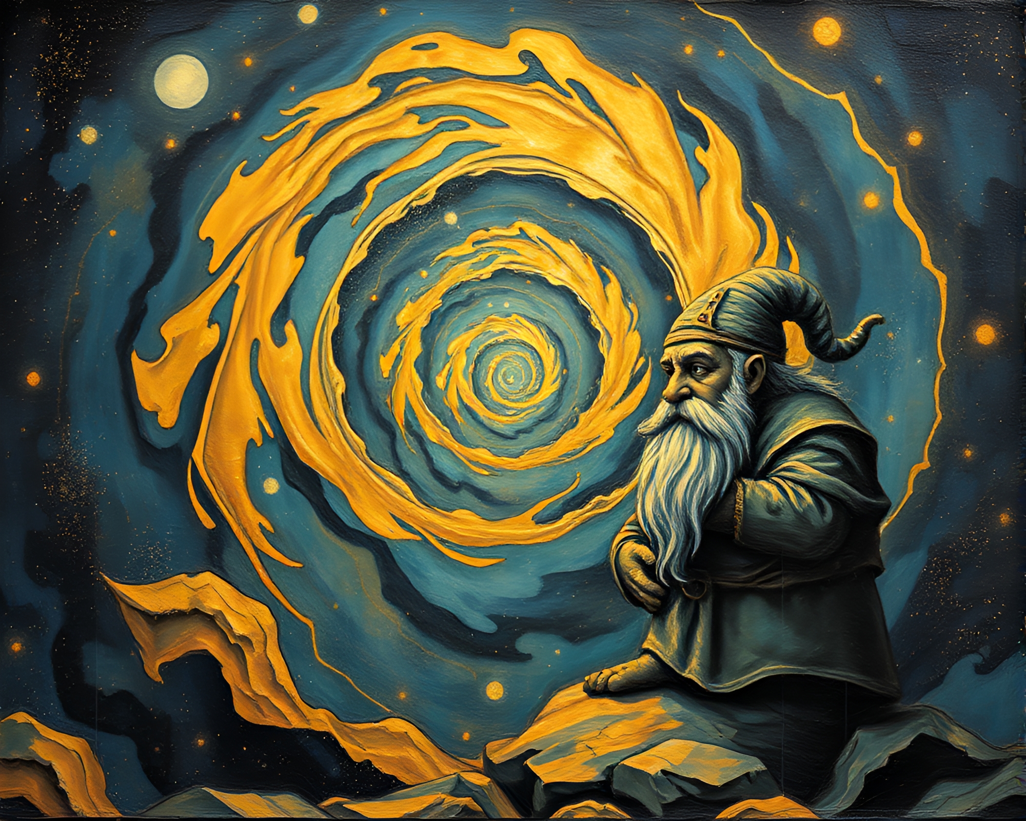 Dwarf in Golden Spiral Fresco with Retro Scanlines – free AI stock image
