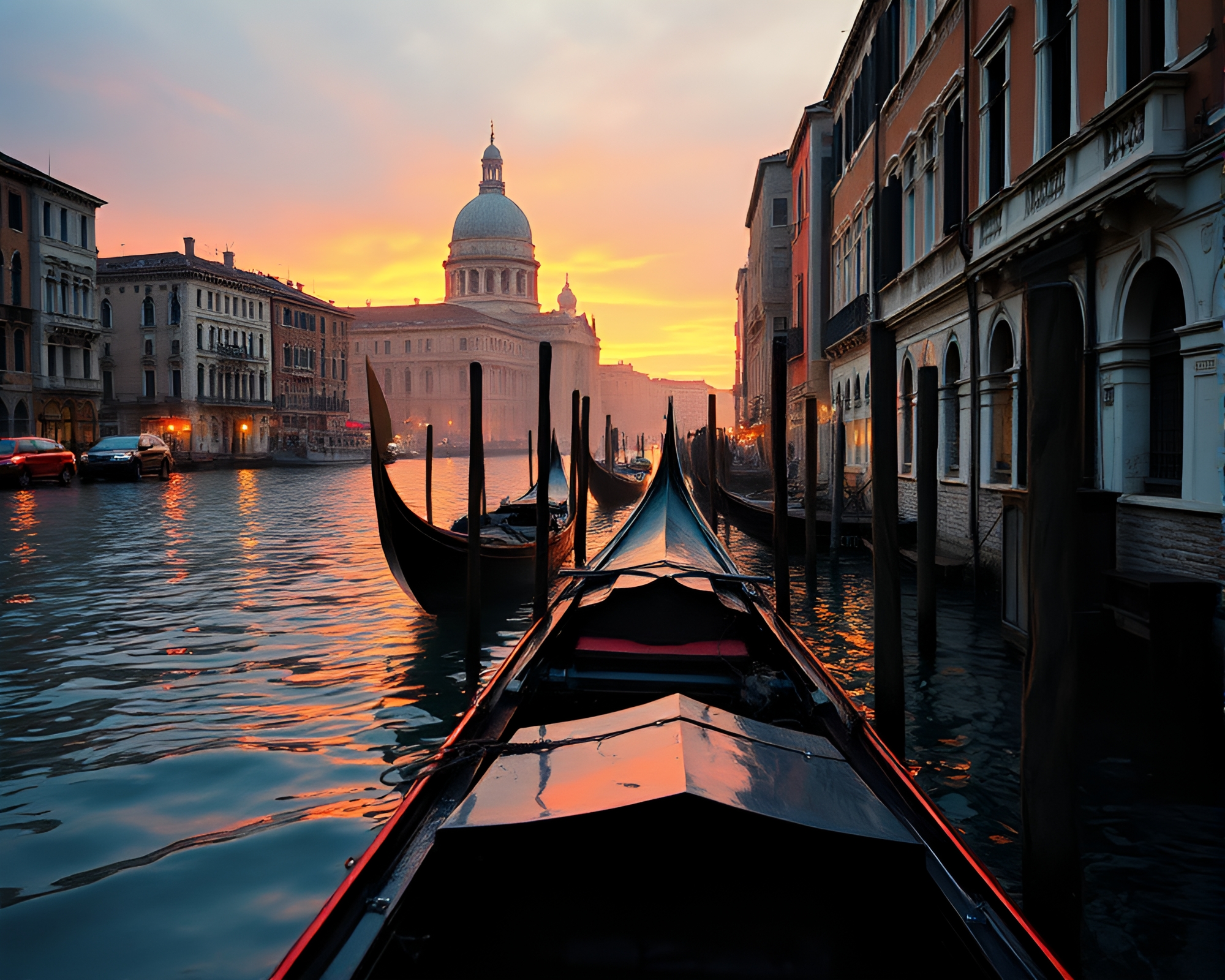 Venetian Gondola Amid Utopian Film Burns – free AI stock image