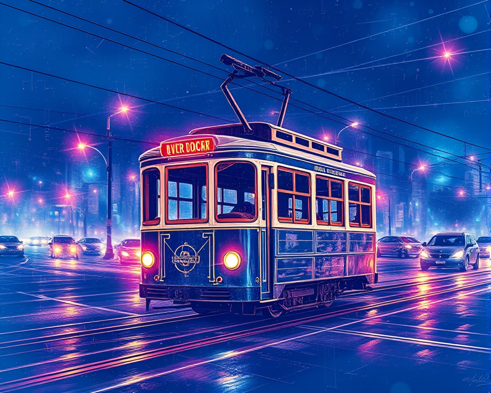 Blueprint-style cable car in topaz light moving upwards