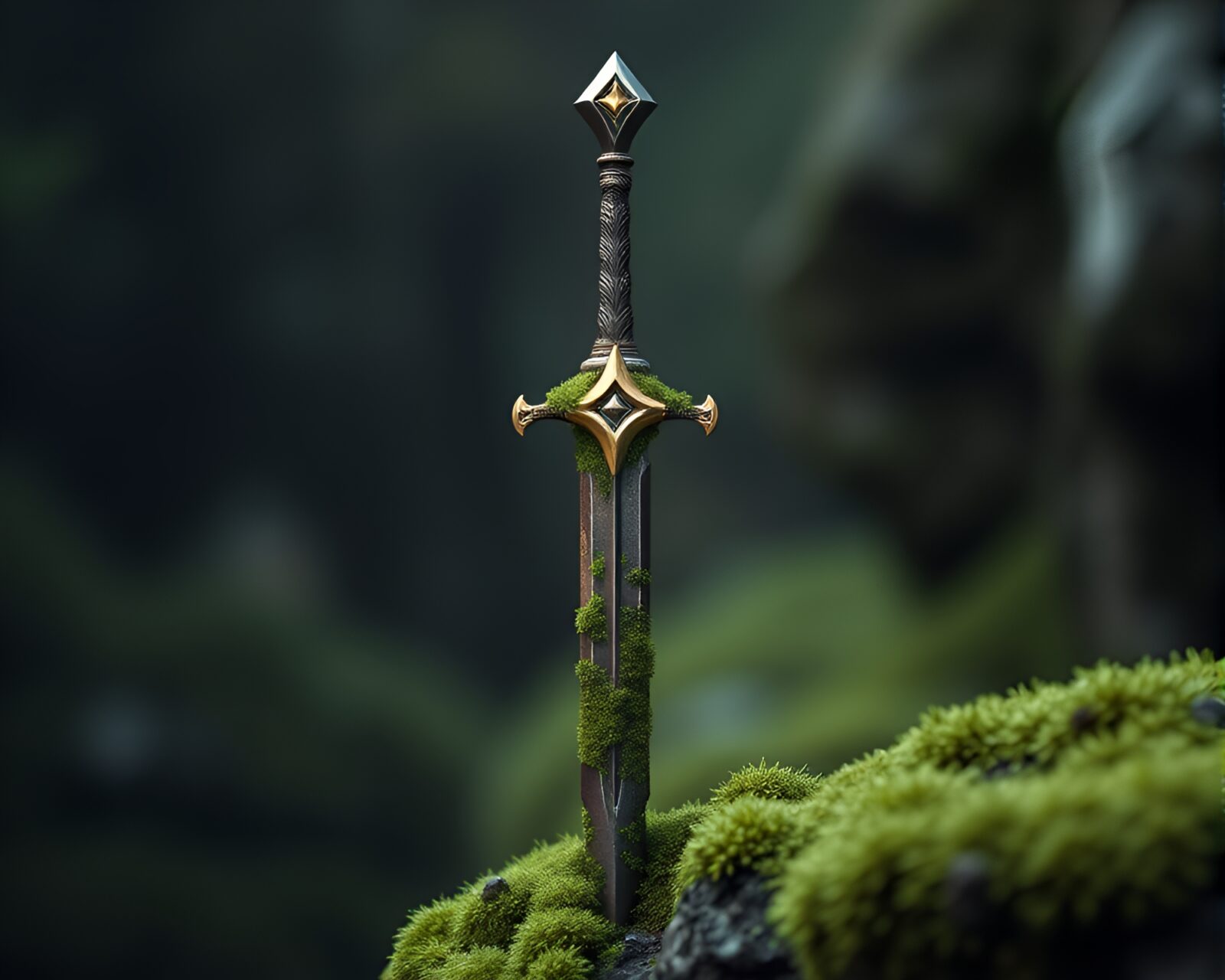 Sword covered in vibrant moss reflecting shining light