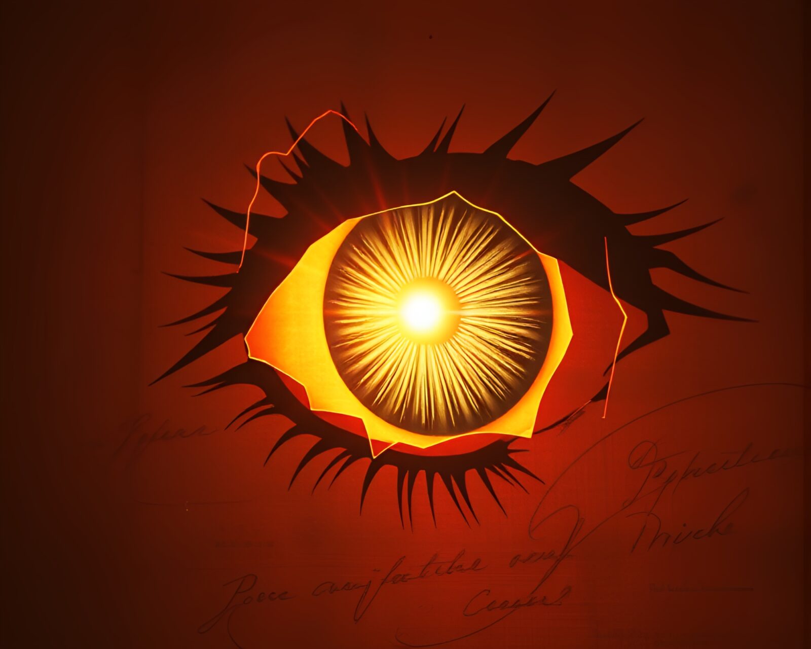 Glowing cybernetic eye with intricate calligraphy on textured paper