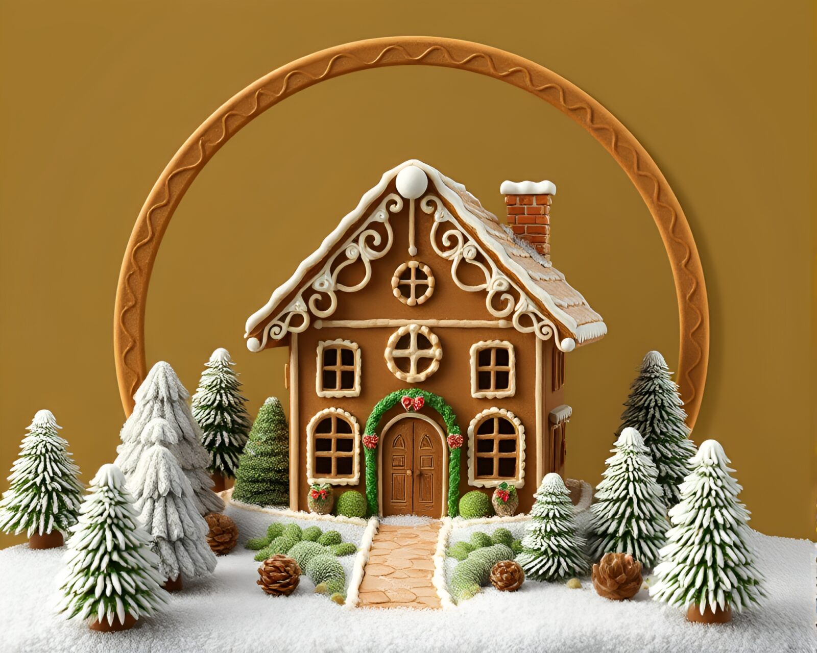 Unique circular gingerbread house surrounded by fluid olive drab tones
