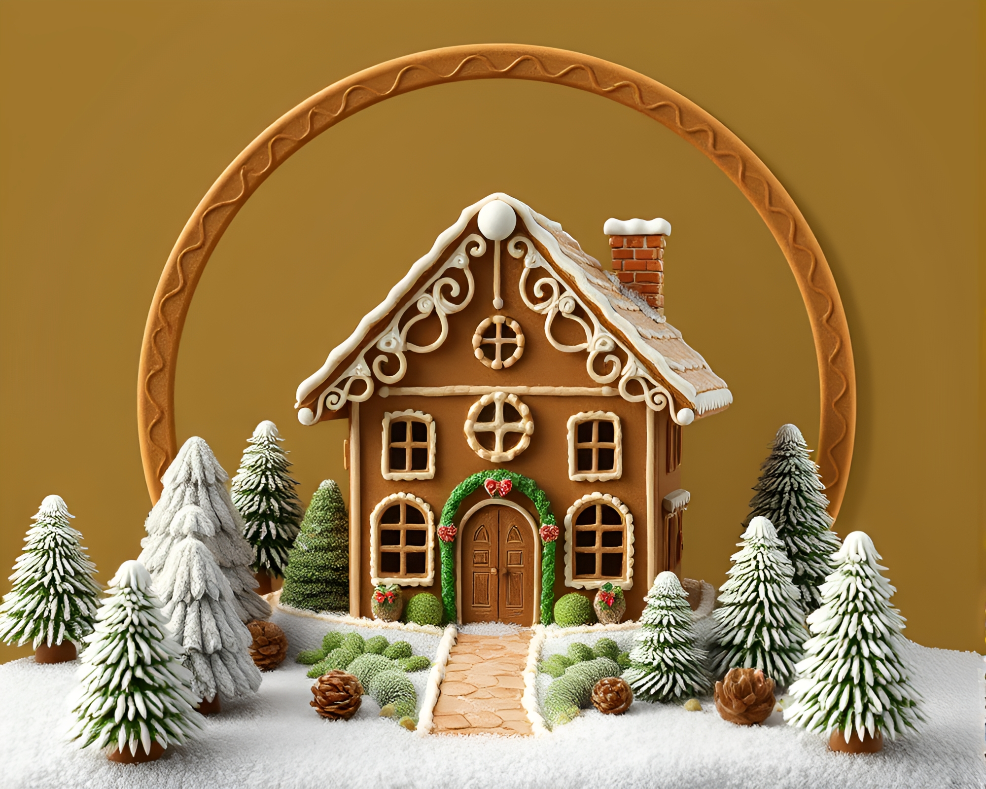 Circular Gingerbread House in Olive Drab Fluid Simulation – free AI stock image