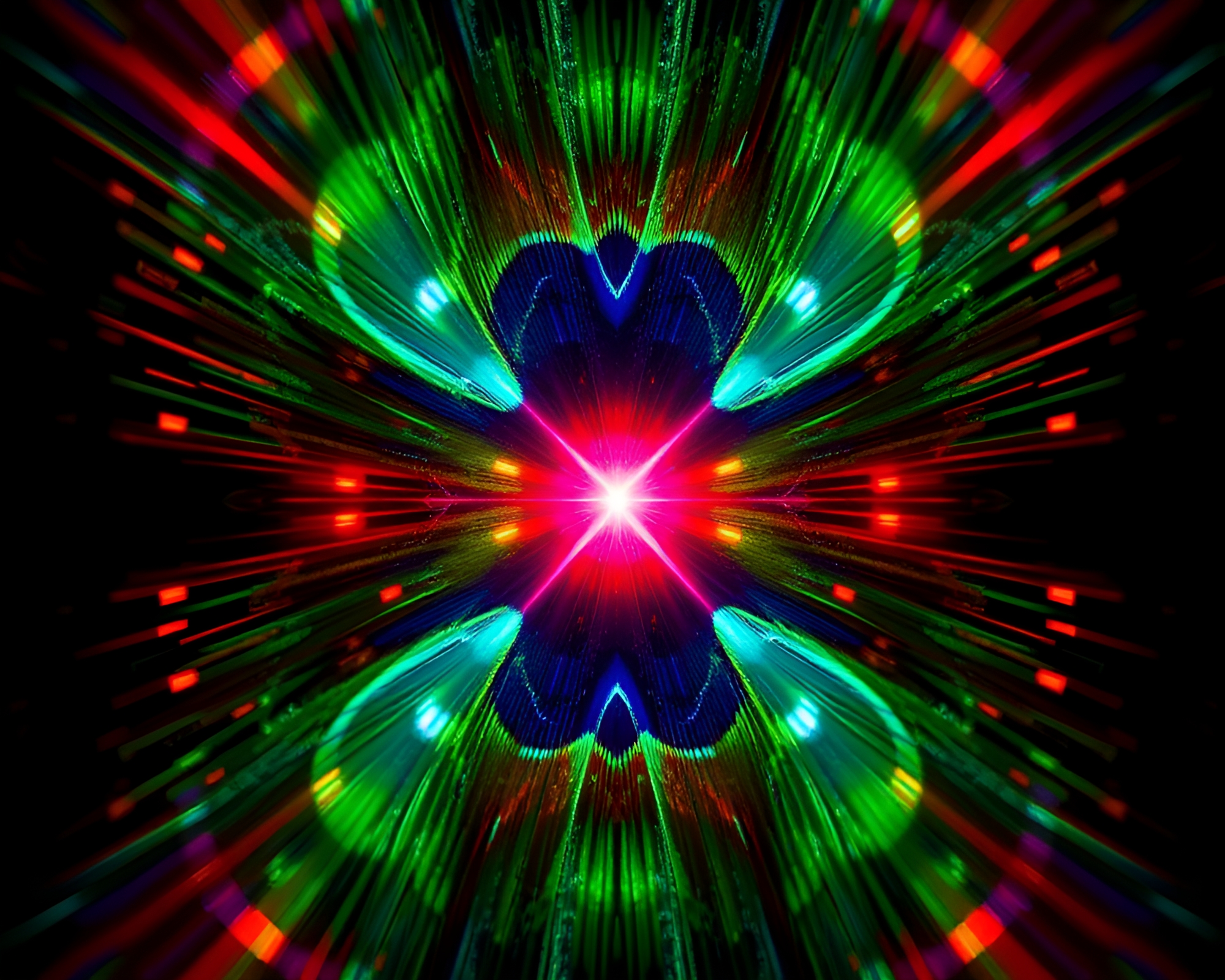 Symmetrical Peacock Feather Reflections with Lens Flare – free AI stock image