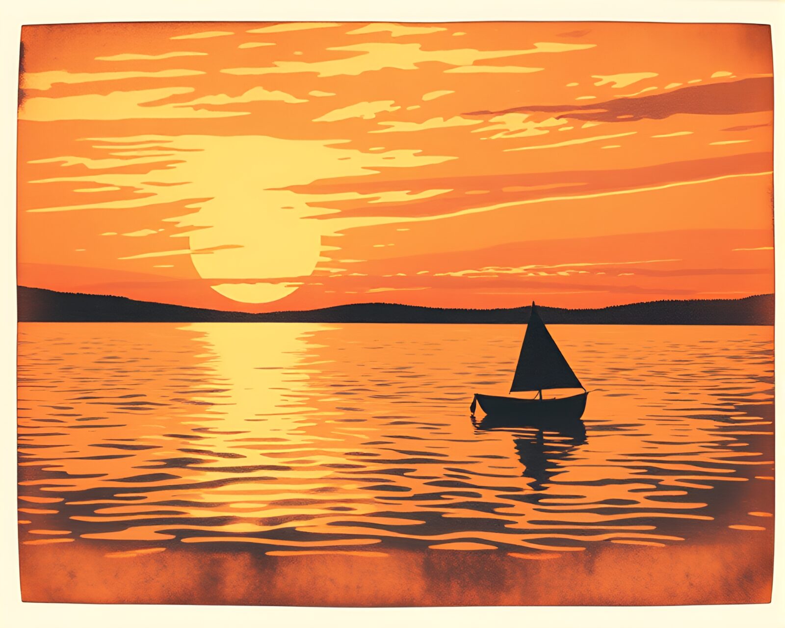 Warm colored linocut of hydrofoil boat on sunset waters