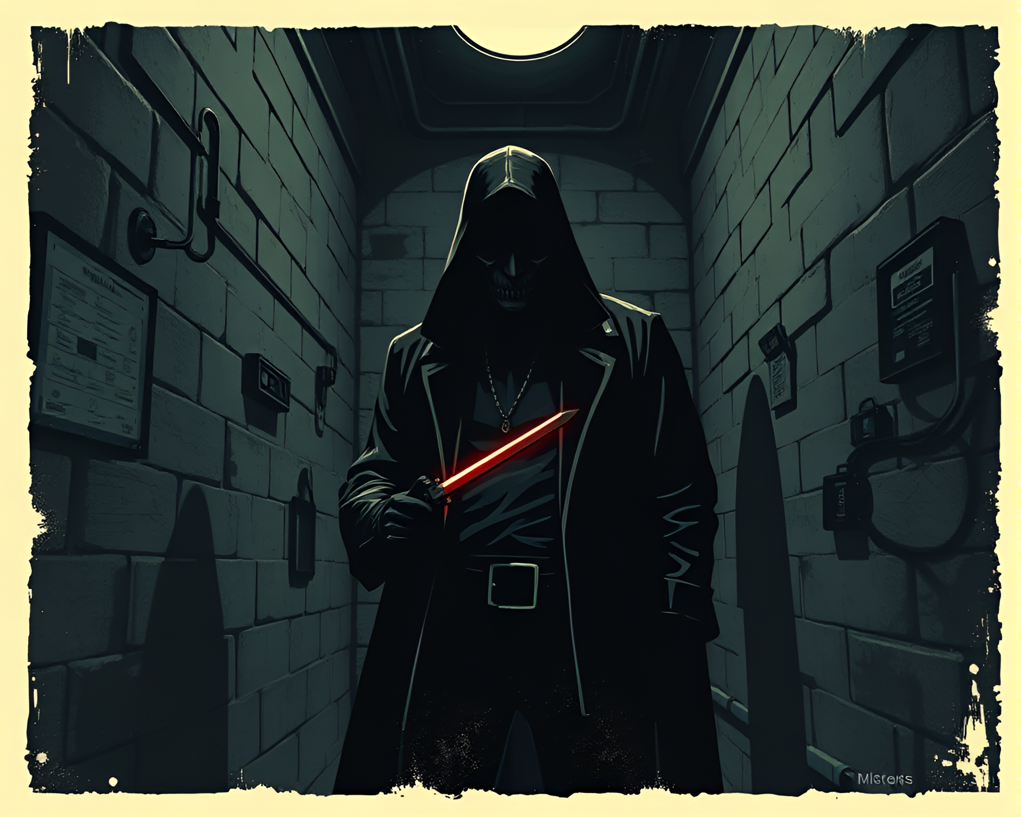 Cyberpunk Vigilante in Stencil Shadow Basement – free AI stock image