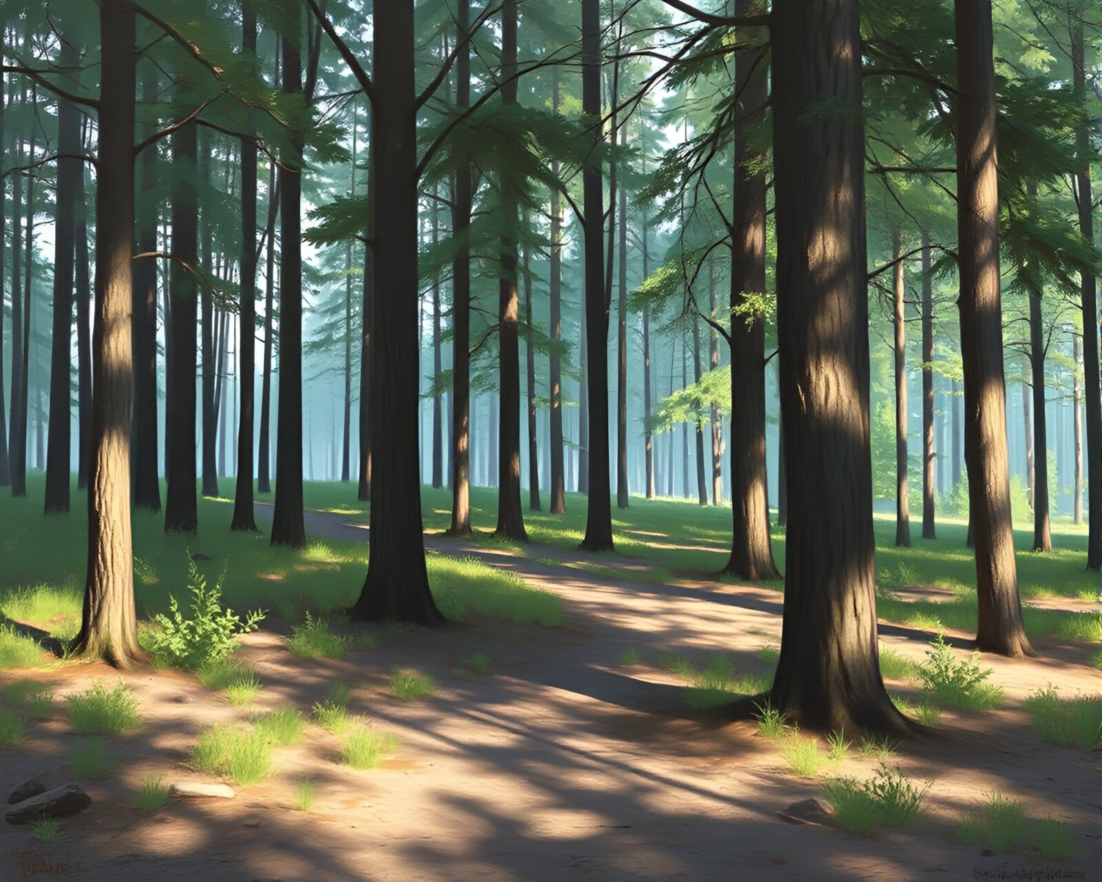 A mystical woodland pathway with soft shadowed dripped paint style
