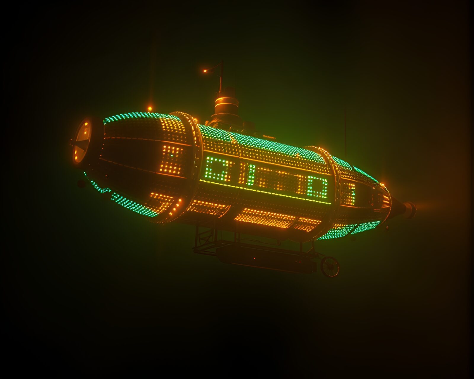 Fantastical airship bathed in golden light amidst pixel grid