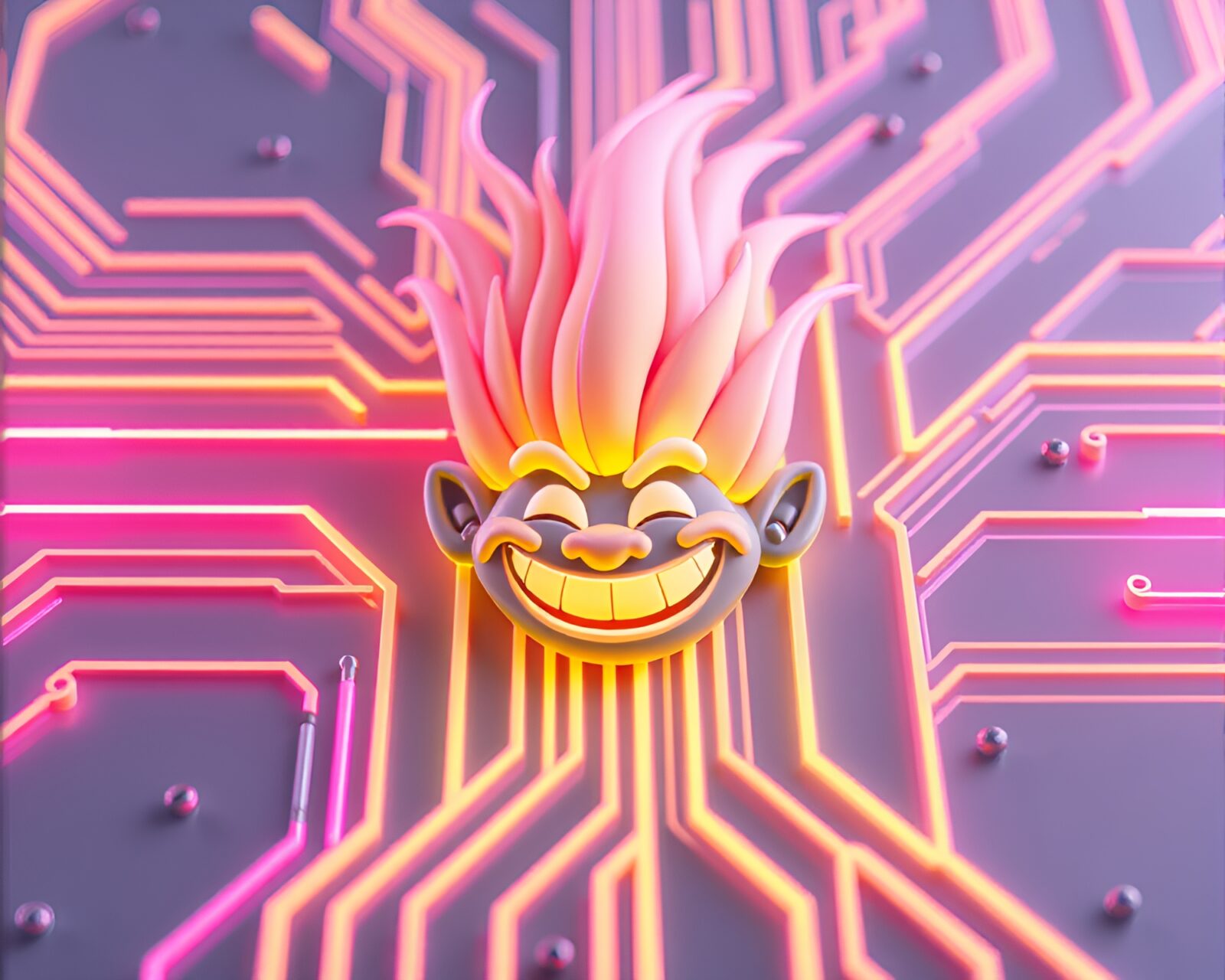 Pastel neon mix lighting illuminates intricate circuit board traces