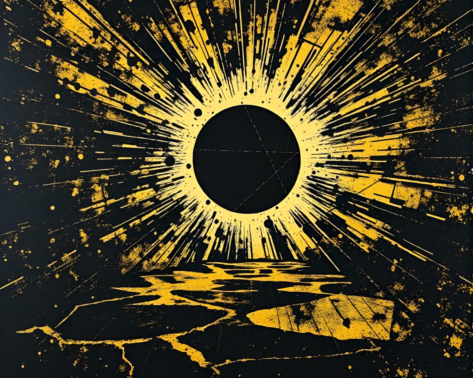 Surreal linocut image of a zero-point energy reactor in eclipse shadow
