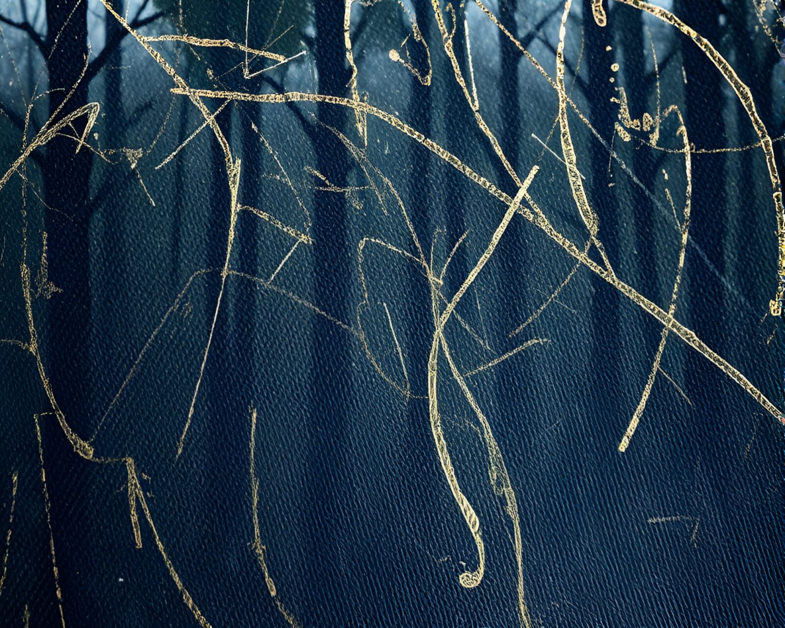 A surreal forest scene made of metallic scratches with a faded denim look in wireframe style