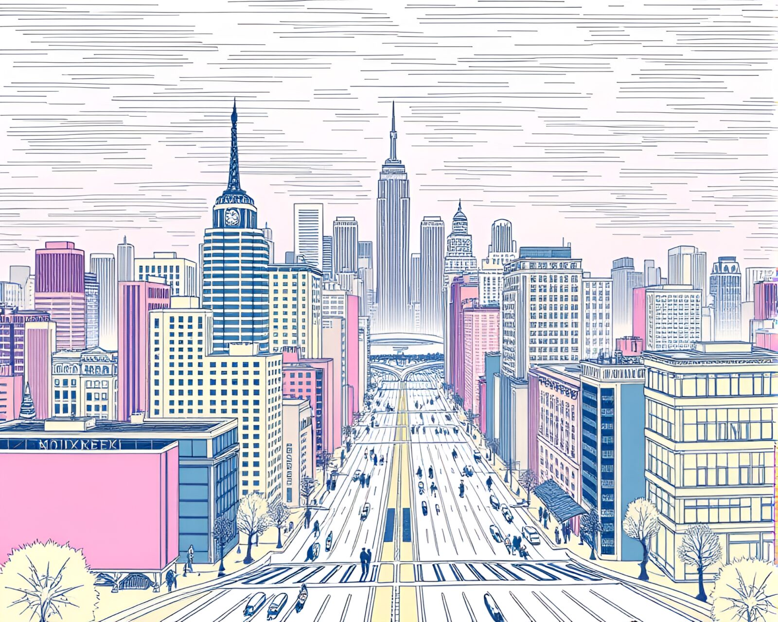 Pastel-toned virtual cityscape with flat design etched lines