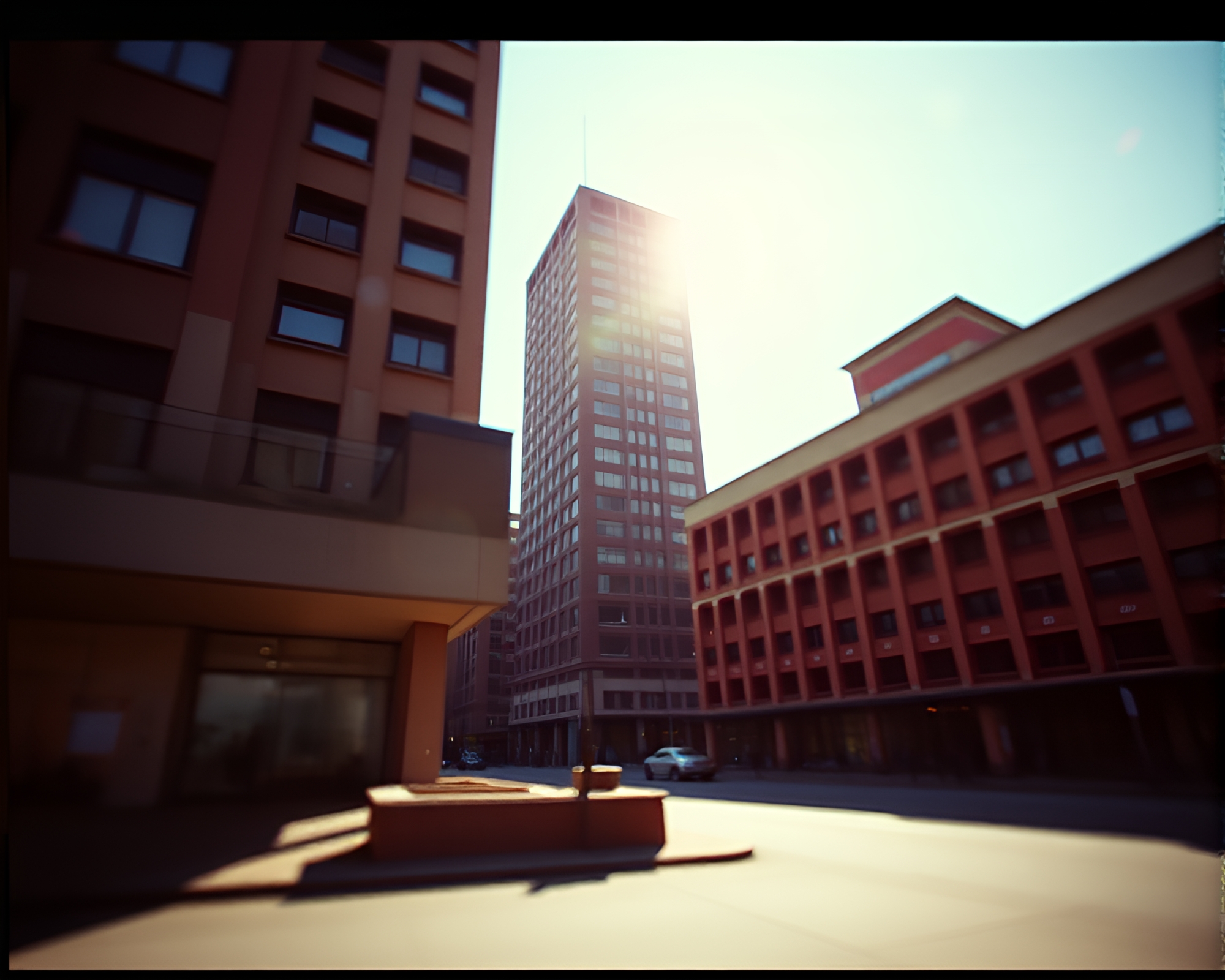 Brutalist Building with Focus Stacking and 80s VHS Flair – free AI stock image