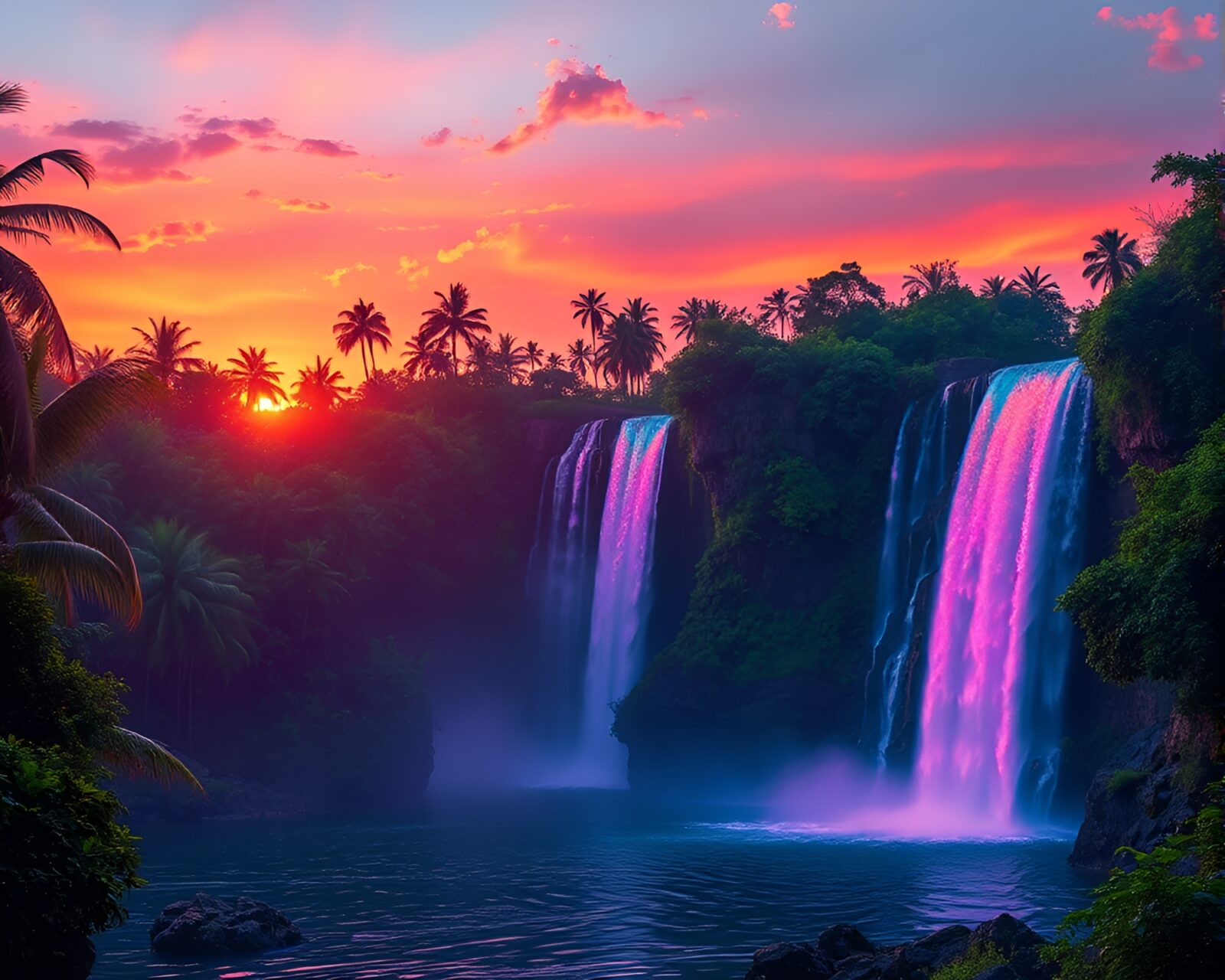 Vibrant LED-lit waterfall at sunset in a painted scene