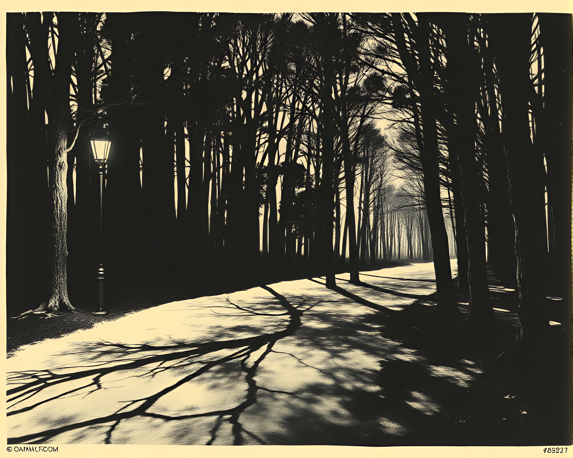 Enigmatic Forest Shadows under Streetlamp Glow Lithography – free AI stock image