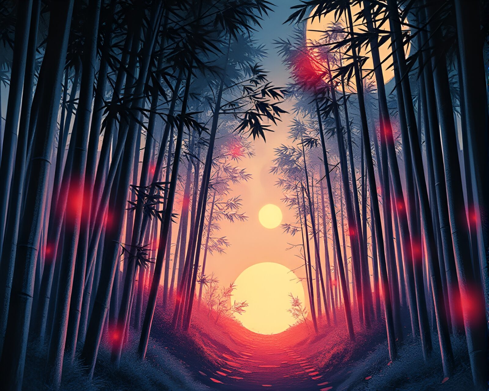 Illustration of a glowing bamboo grove in futuristic style