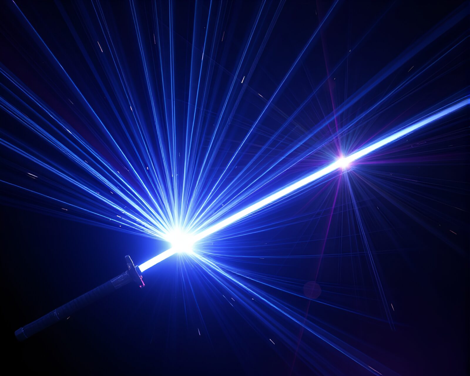 Futuristic swordsmanship under glowing LED lights and lens flares
