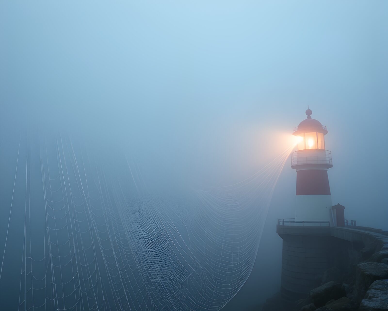 Foggy lighthouse with intricate AI-generated cobweb strands