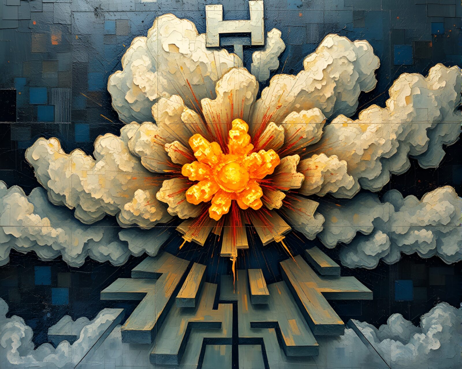 Vibrant explosion cloud within intricate mirror maze interior