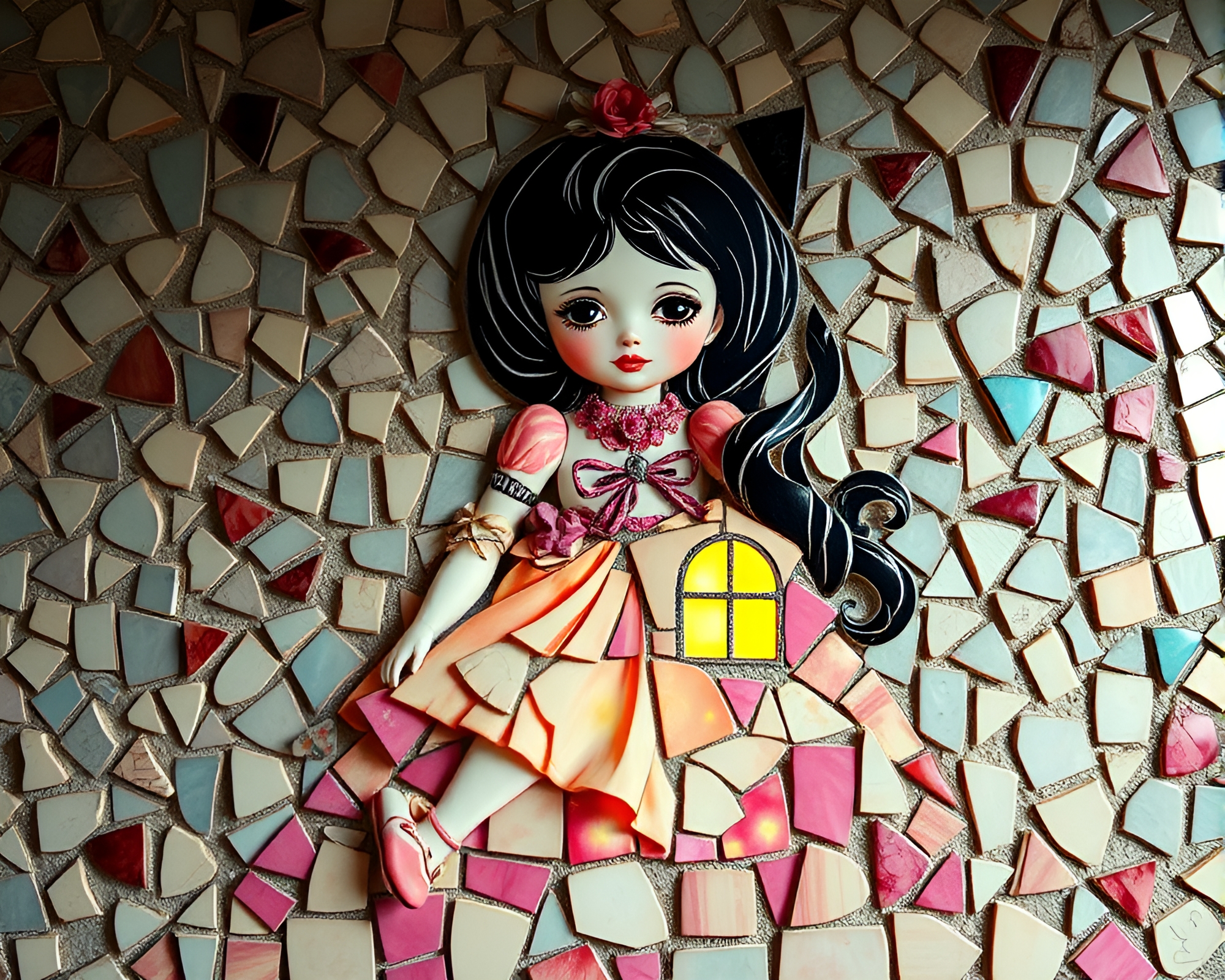 Broken porcelain doll in pop art opera glow – free AI stock image