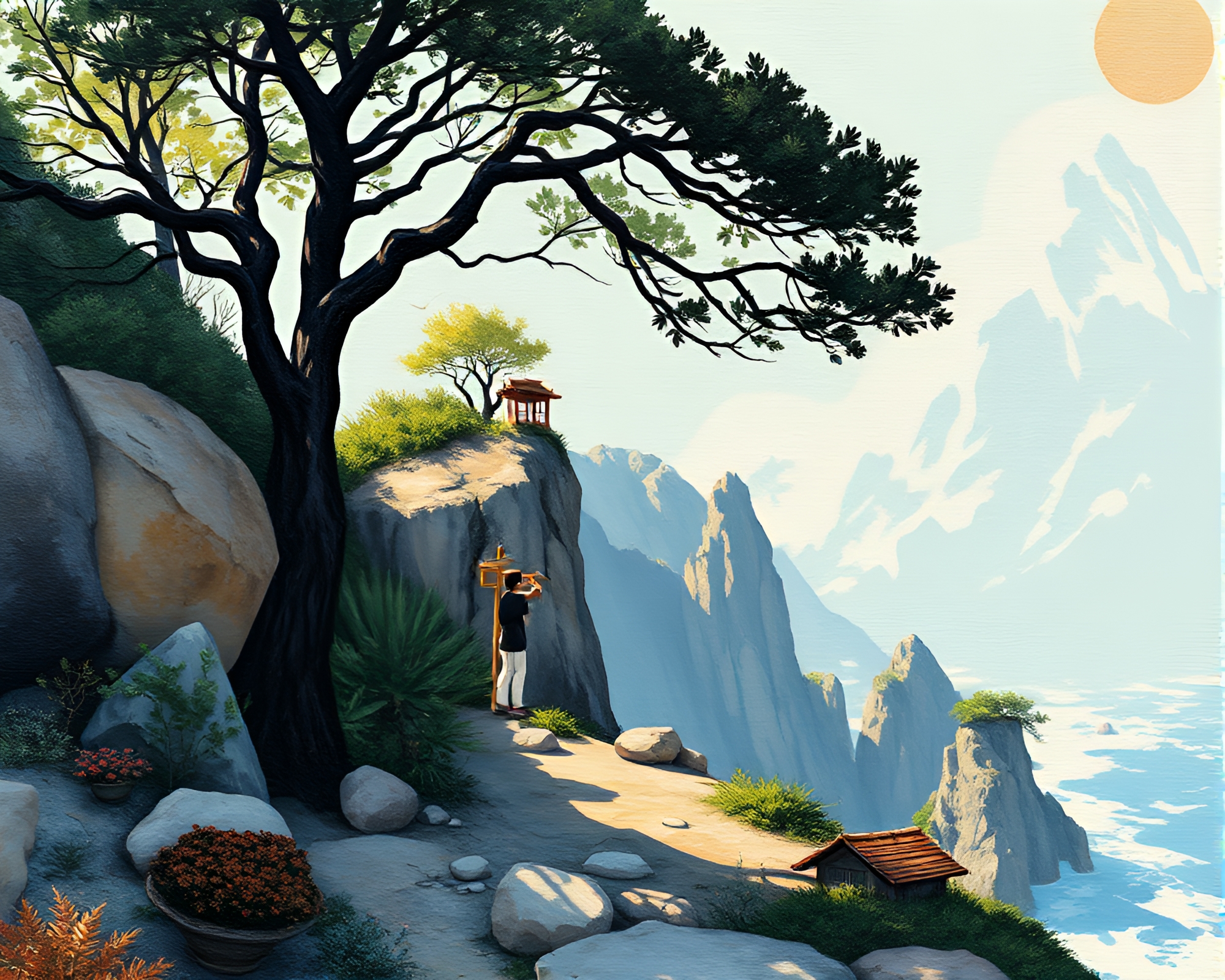 Tranquil Zen Garden: Acrylic Splatters on Cliffside – free AI stock image